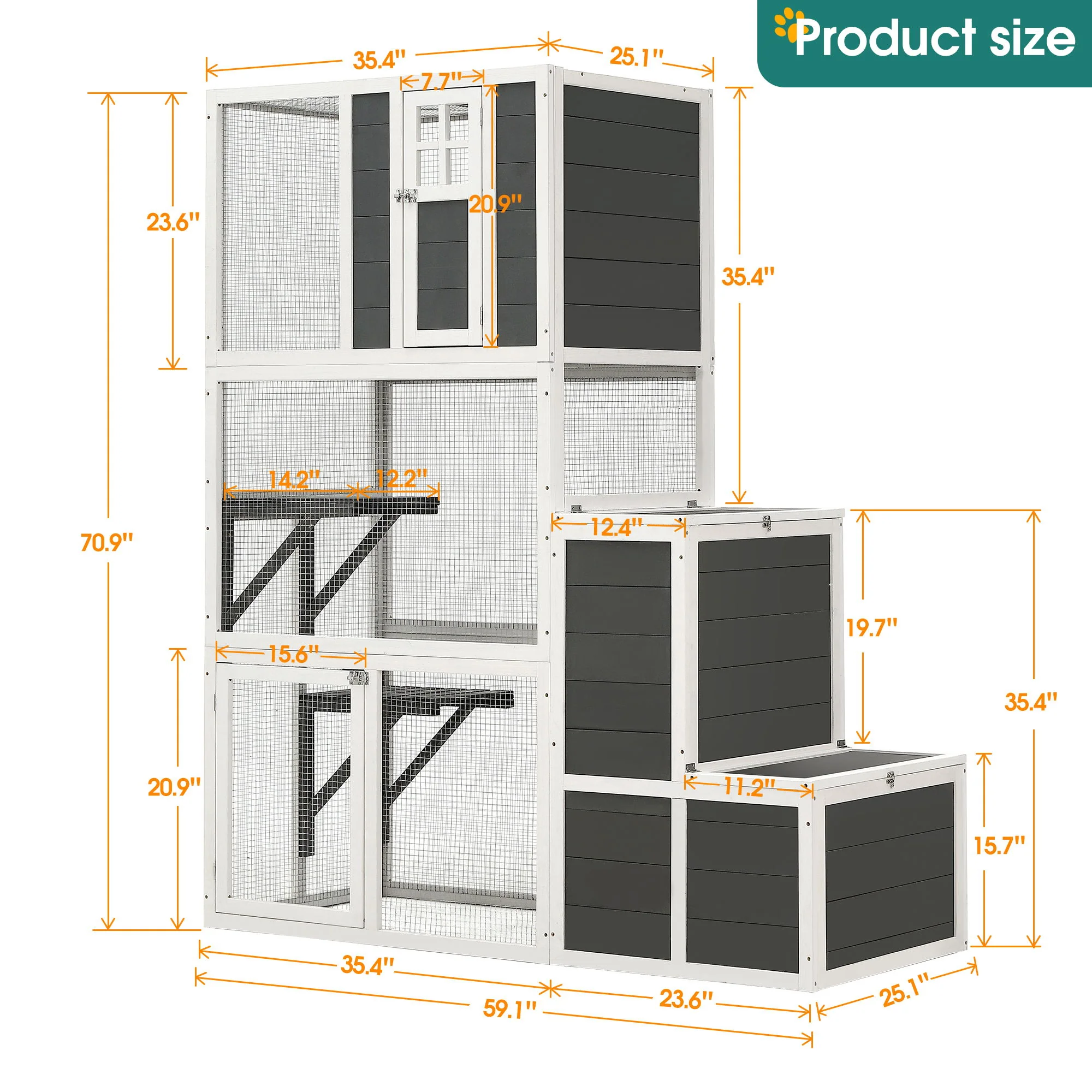 3 Tier Wooden Outdoor & Indoor Cat House Suitable For 1-3 Cats Cat Enclosure Resting Box With 4 Platforms And 2 Doors Cat Shelter Kitty House With A Jump Box For Hiding And Resting Cat Cage - Gray - Image 5