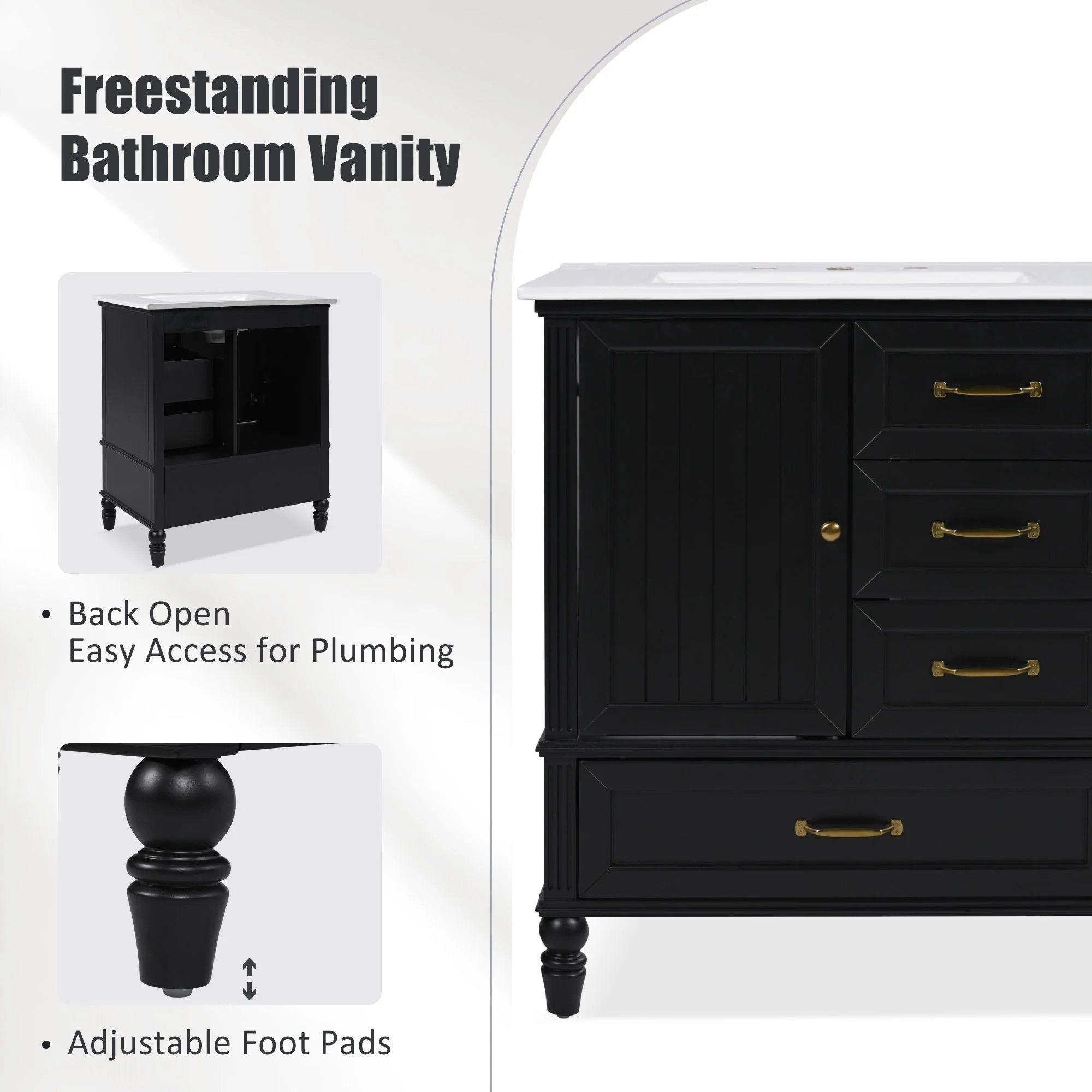 30" Bathroom Vanity With Sink, 3 Drawers, Adjustable Feet - Image 10
