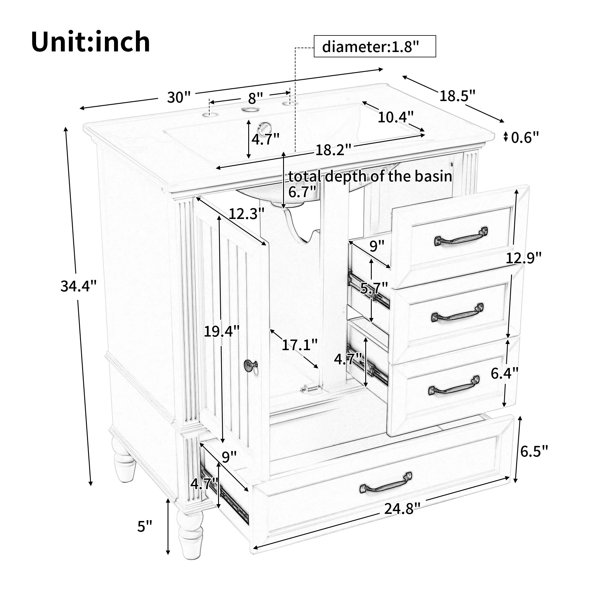 30" Bathroom Vanity With Sink, 3 Drawers, Adjustable Feet - Image 16