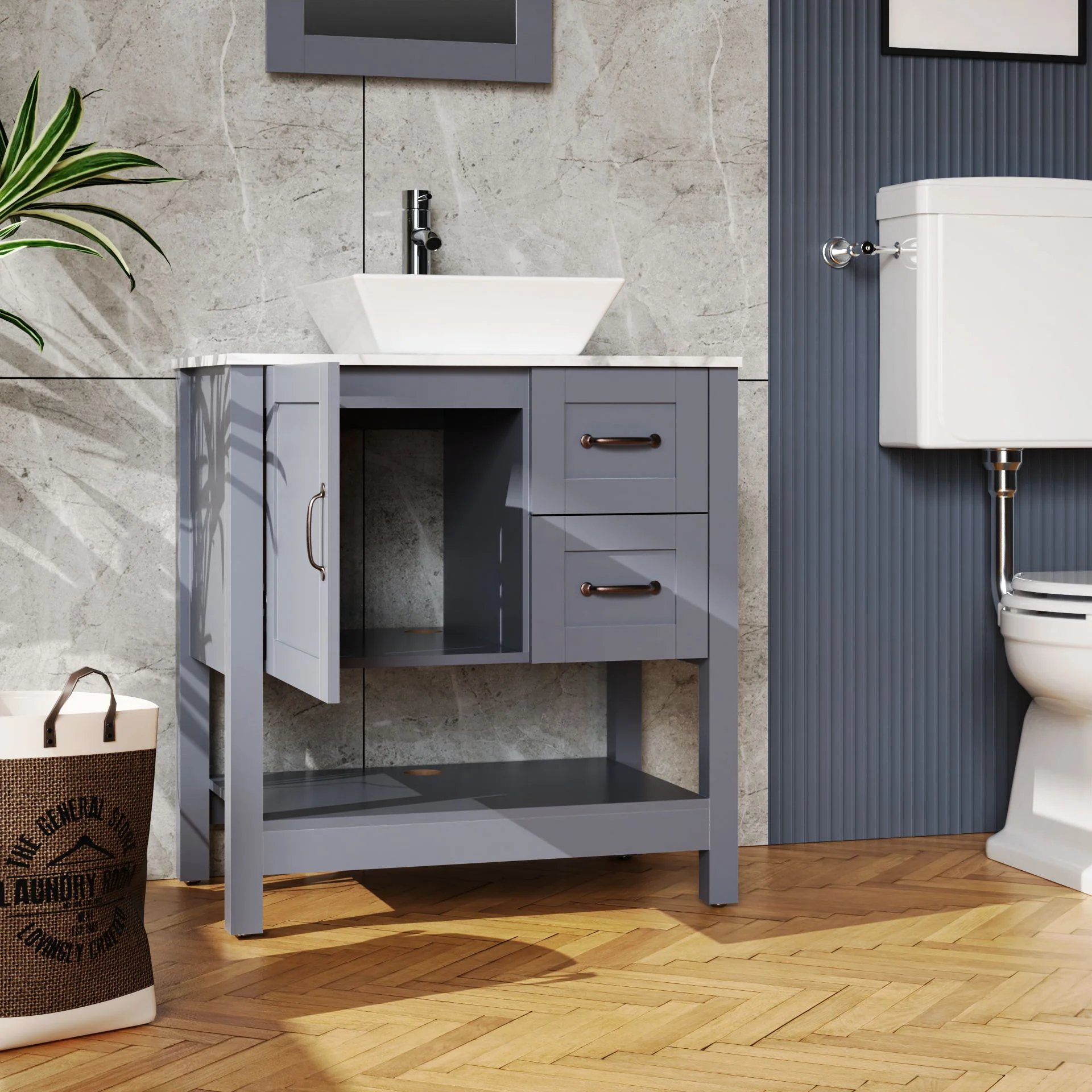 30" Gray Bathroom Vanity And Sink Combo Marble Pattern Top With Mirror Faucet & Drain - Gray - Image 8