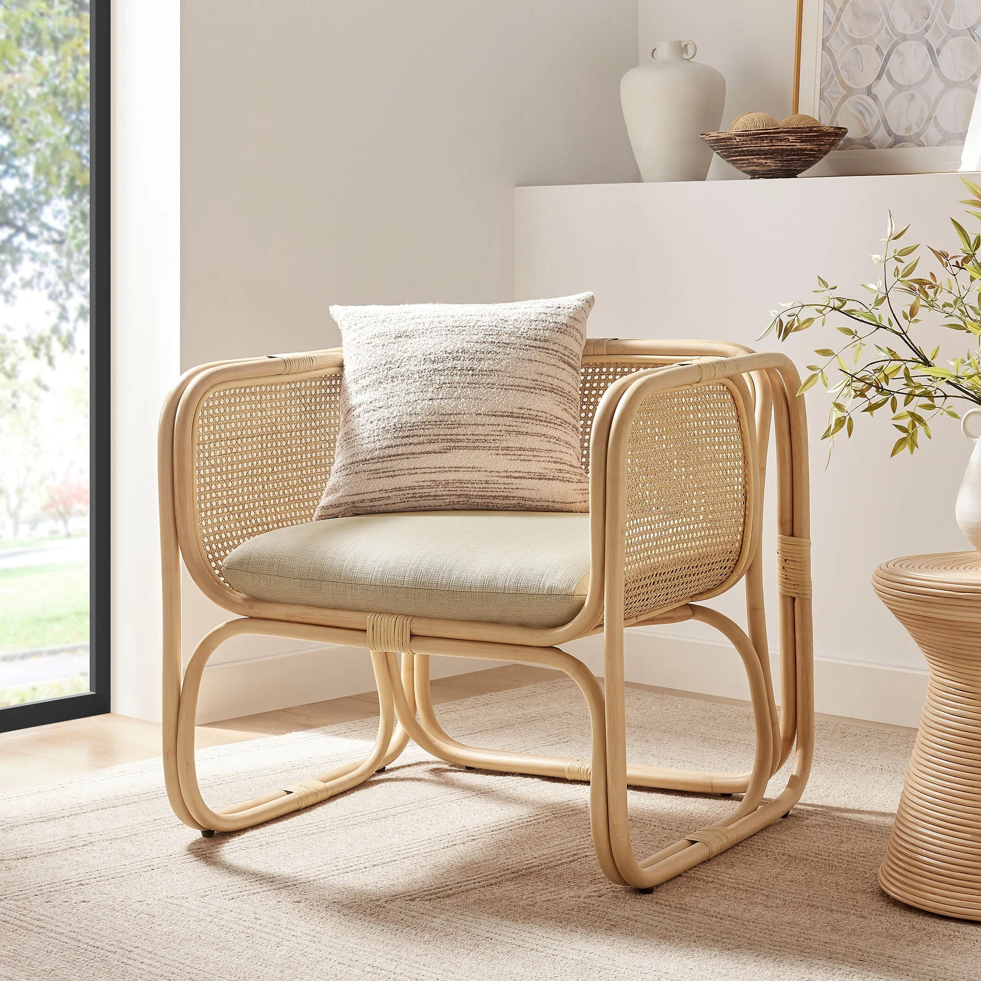30 Inch Natural Rattan Accent Armchair with Machine Washable Cushion - Image 7