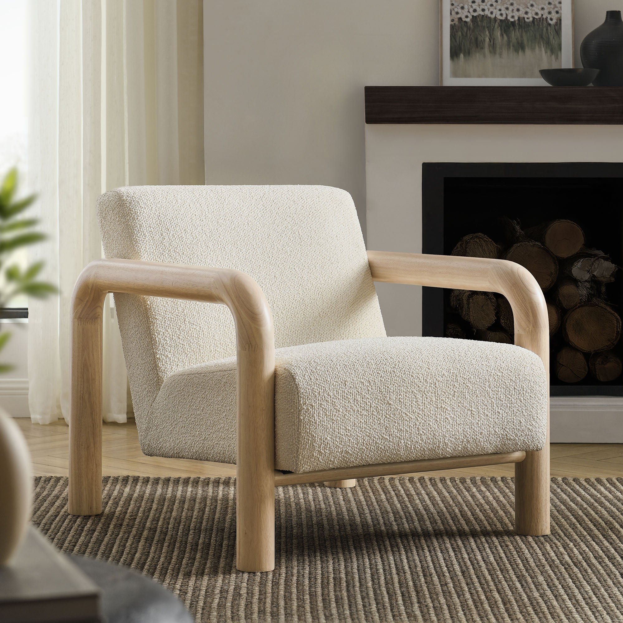 30 Inch Lattice Boucle Accent Chair with Rounded Wood Arms - Image 7