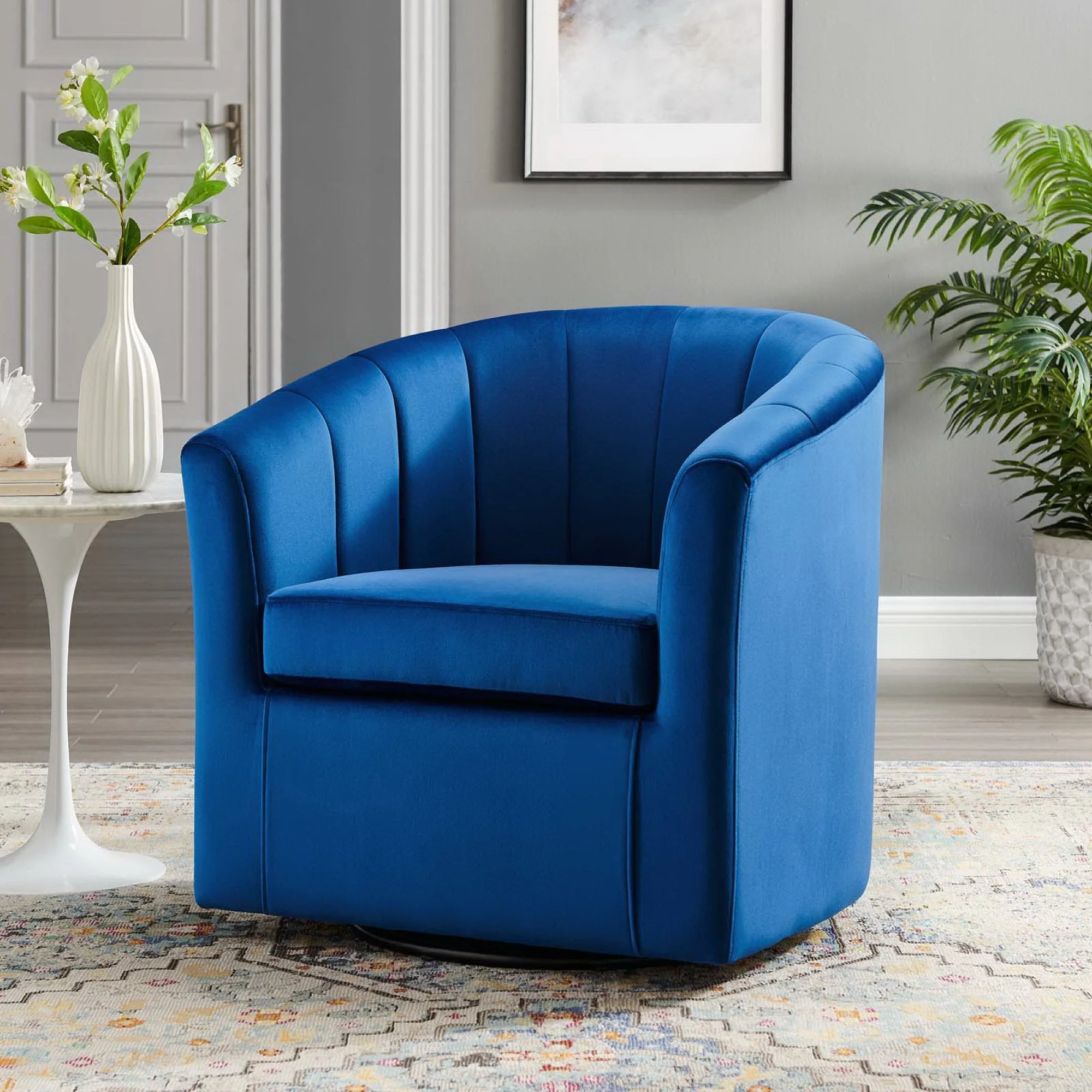 30 Inch Performance Velvet Swivel Barrel Armchair with Channel Tufting - Image 18