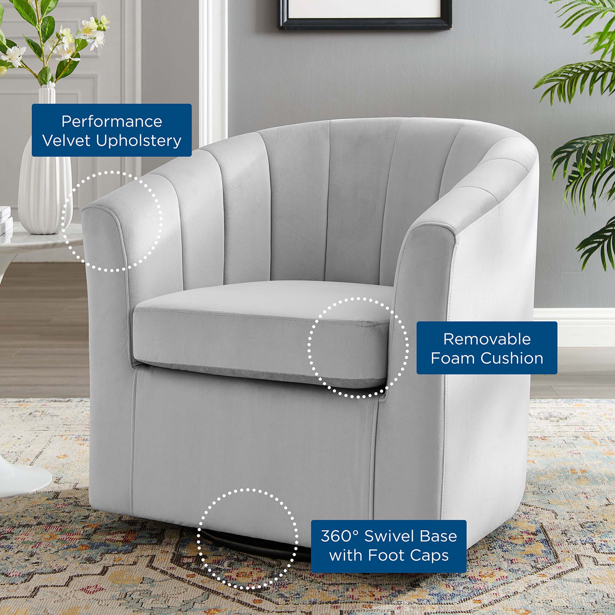 30 Inch Performance Velvet Swivel Barrel Armchair with Channel Tufting - Image 8