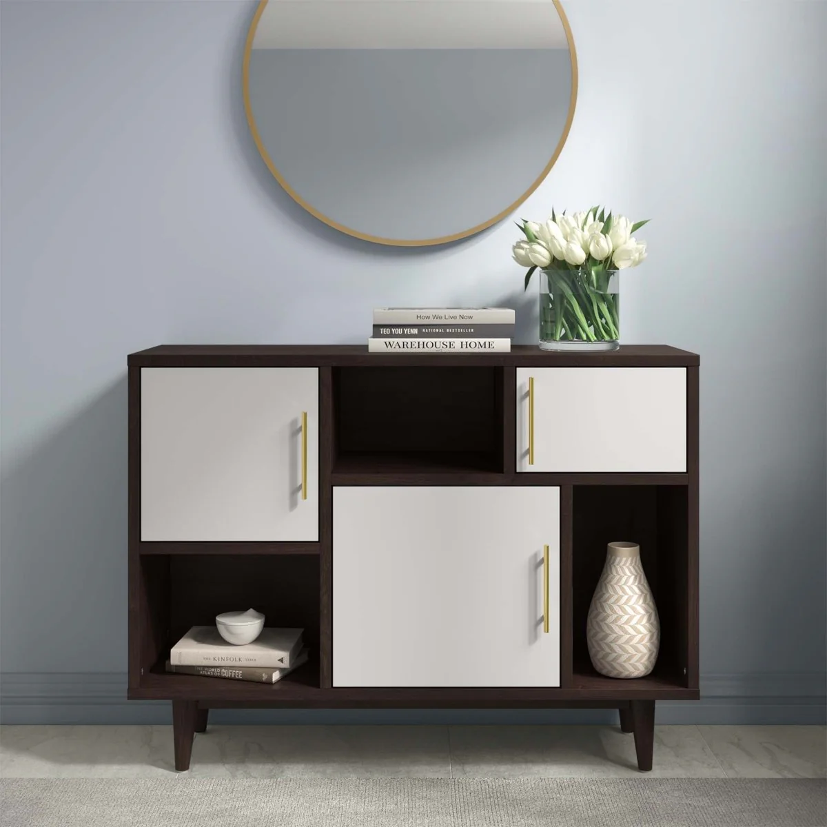 30" Mid-Century Modern Display Stand and Storage Cabinet in Cappuccino White - Image 6