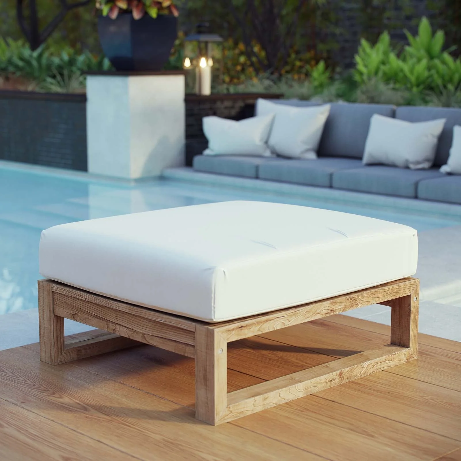 30" Natural White Outdoor Patio Teak Wood Ottoman - Image 4