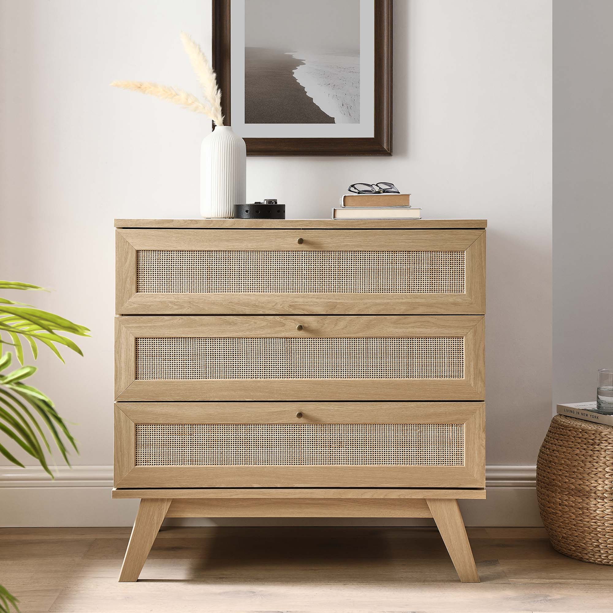 30" Oak Natural Rattan 3-Drawer Bedroom Dresser - Image 7
