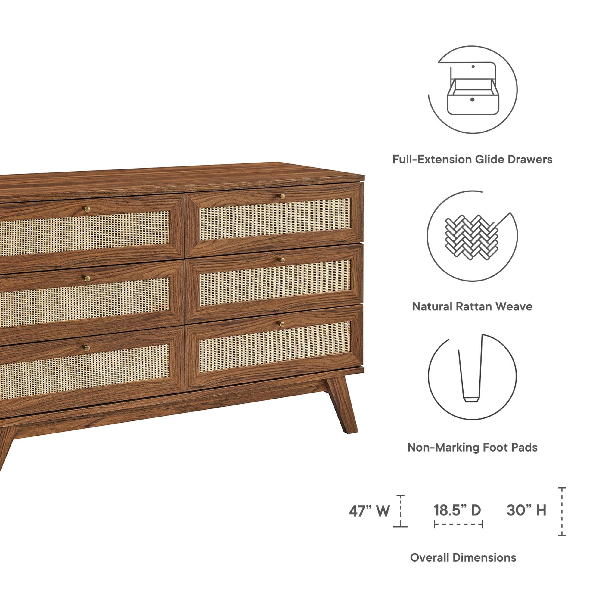 30" Natural Rattan 6-Drawer Bedroom Dresser - Image 9