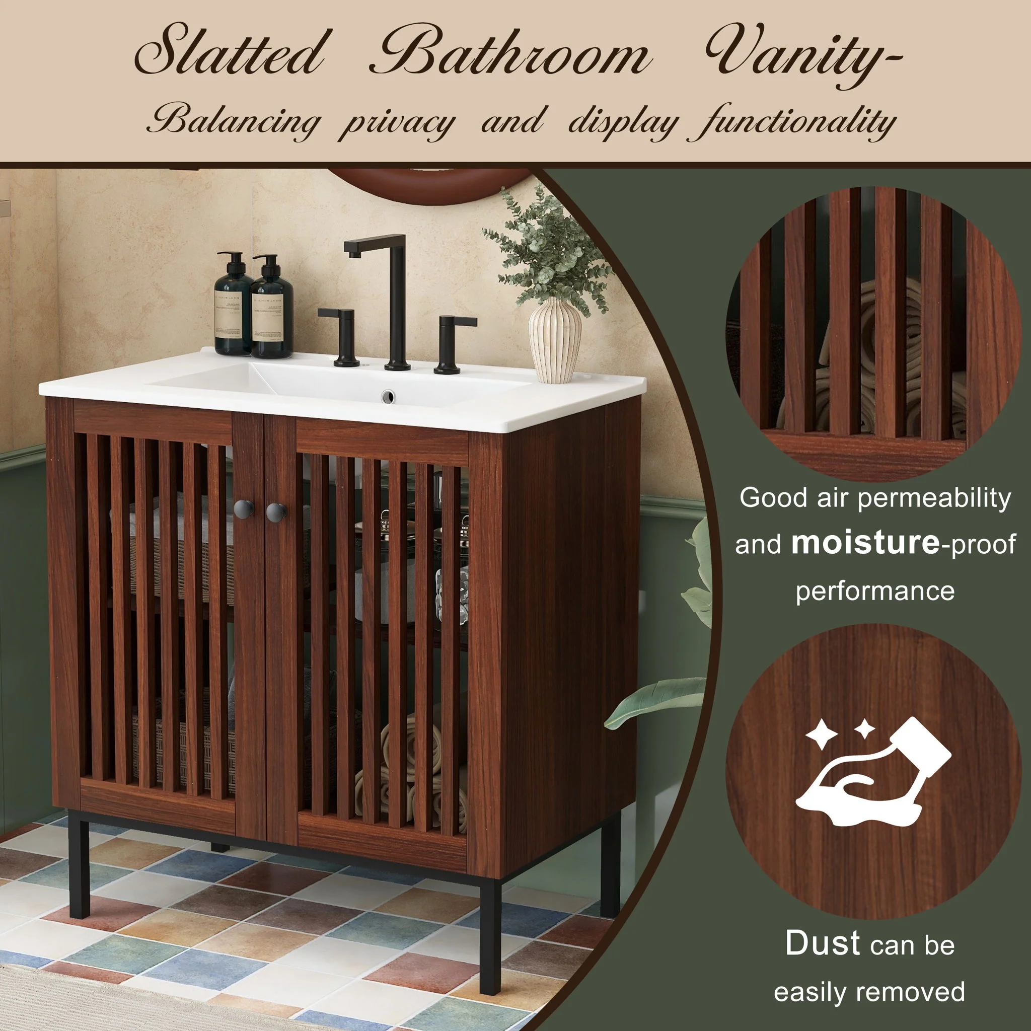 30" Vintage Bathroom Vanity With Ceramic Sink, Modern Bathroom Vanity Cabinet With 2 Soft Close Doors, Equpiied With 4 Sturdy Iron Legs - Antique Dark Brown - Image 6