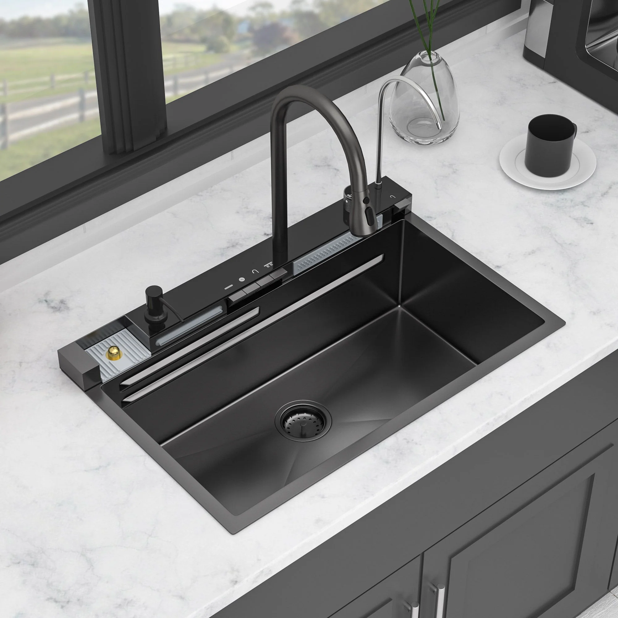 30" Whale Digital Waterfall Sink With LED Display, 16 Gauge Single Bowl Ledge Workstation - Gunmetal Black - Image 4