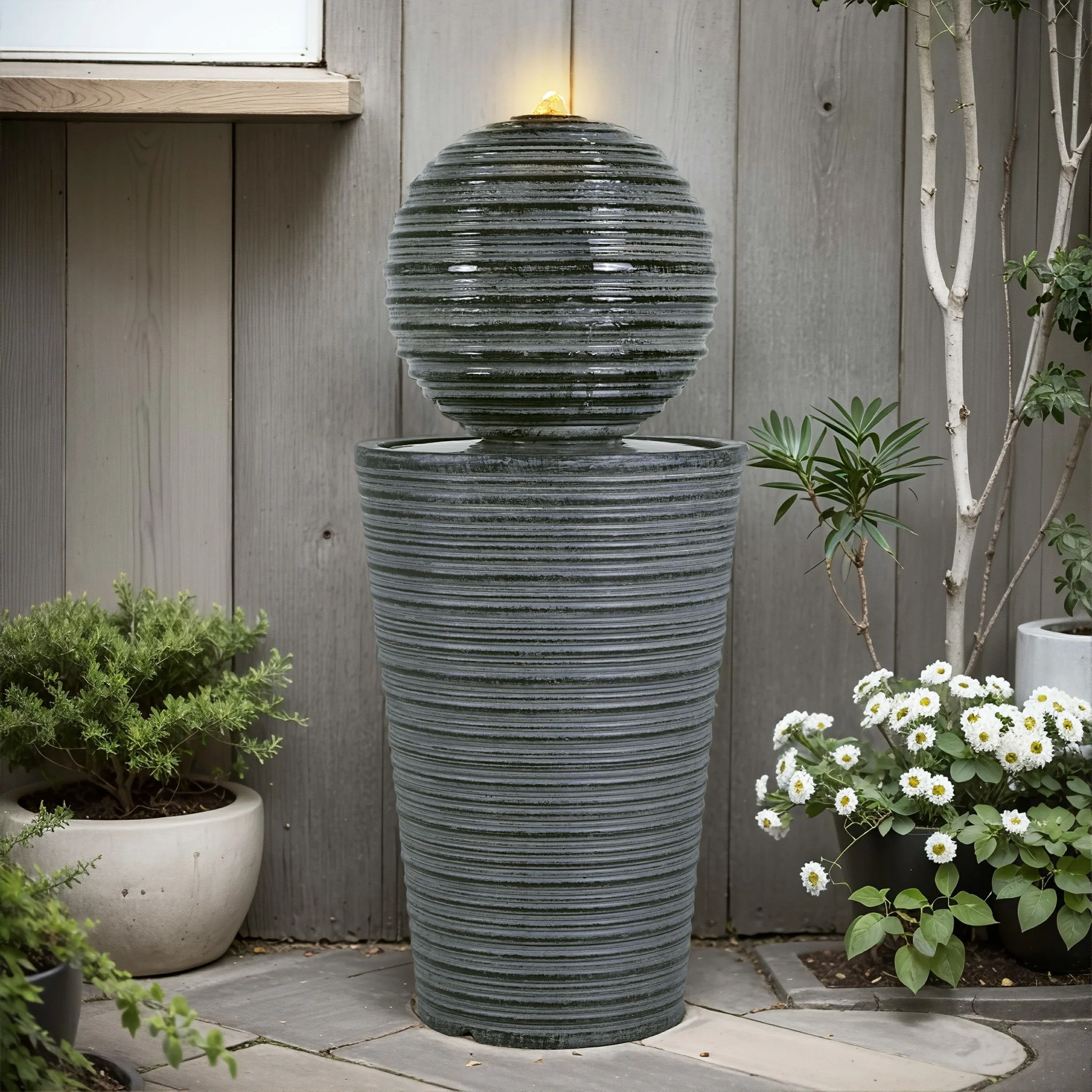 31.5" Tall Striped Column Fountain With LED Light Design For Outdoor Spaces - Gray - Image 2