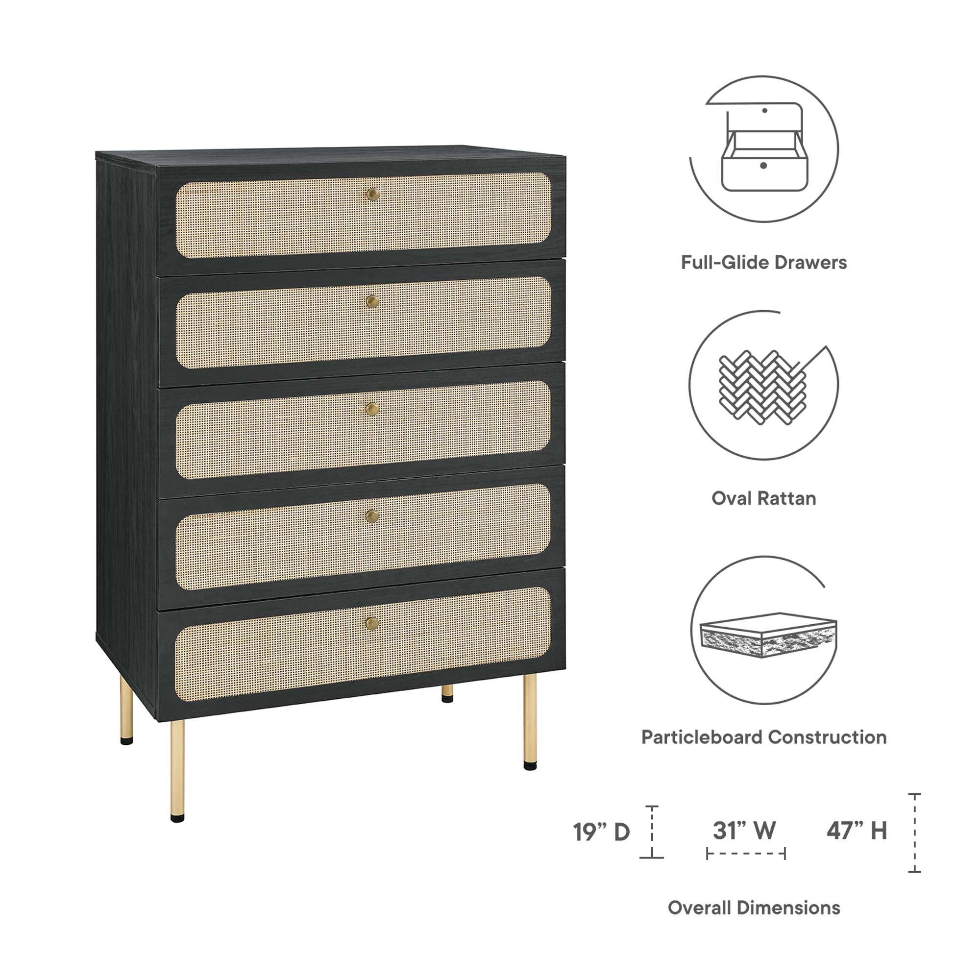 31" Oval Rattan 5-Drawer Bedroom Chest - Image 2