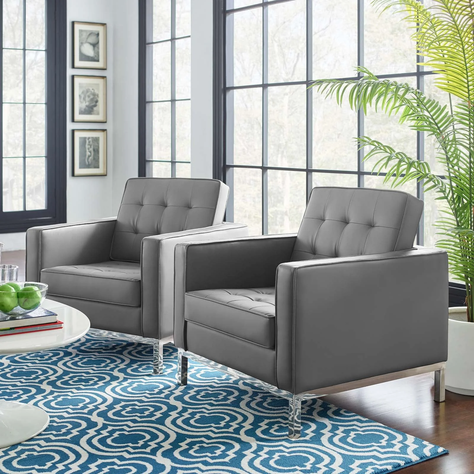 31 Inch Loft Mid-Century Modern Vegan Leather Armchairs with Biscuit Tufting - Set of 2 - Image 11