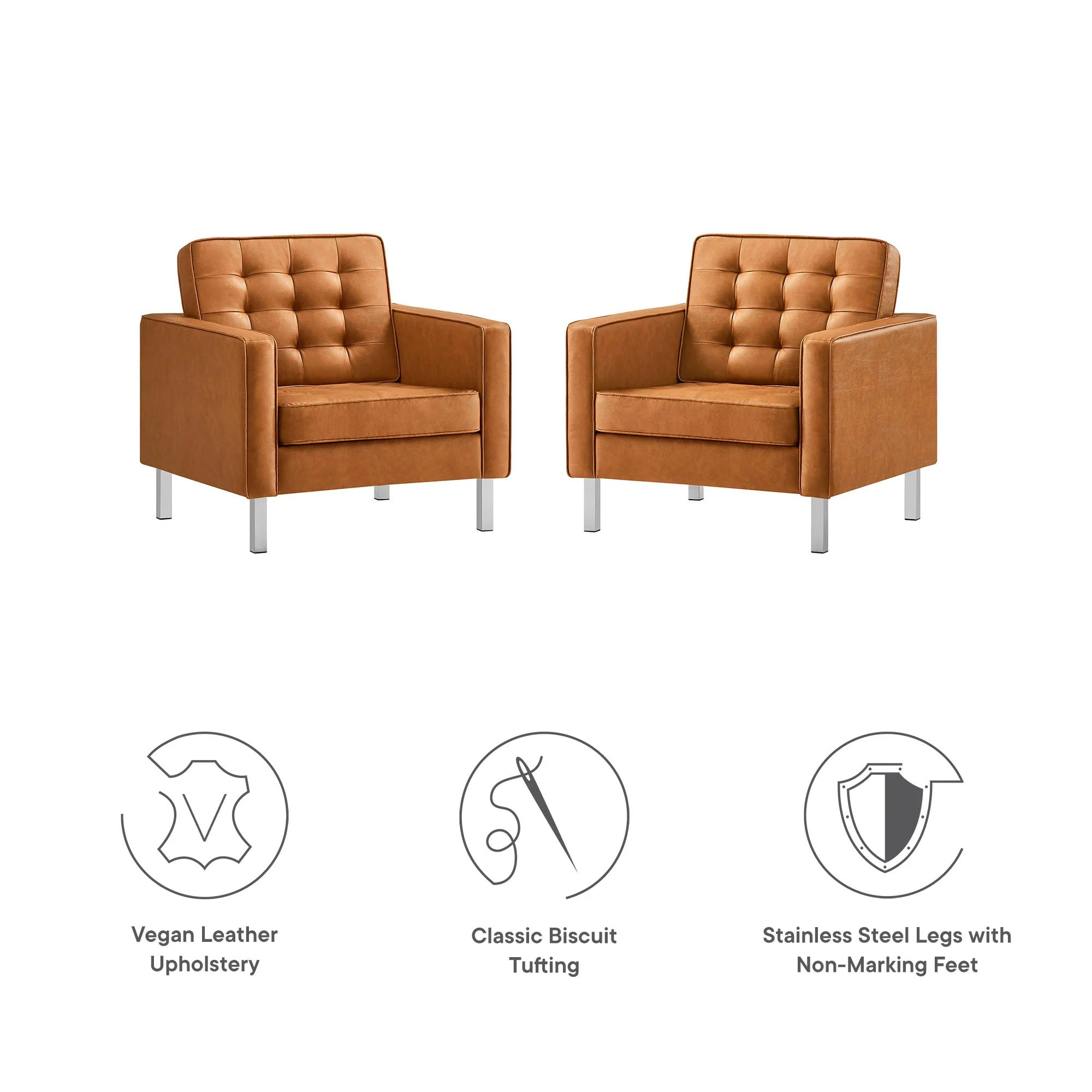 31 Inch Loft Mid-Century Modern Vegan Leather Armchairs with Biscuit Tufting - Set of 2 - Image 16