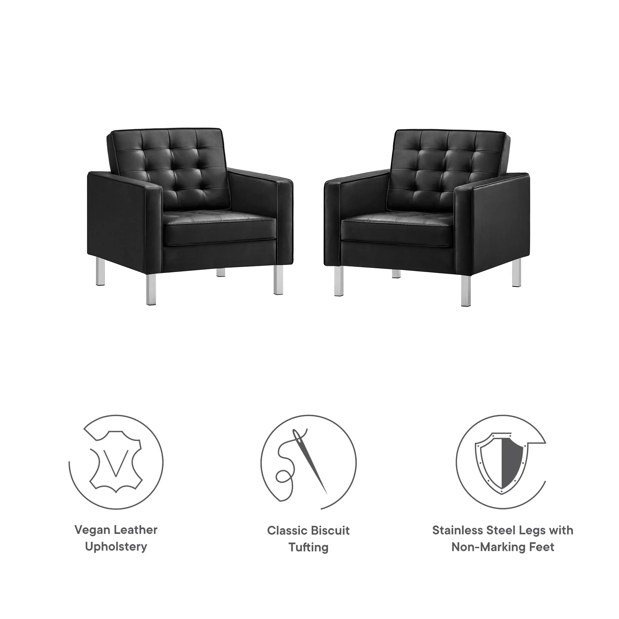 31 Inch Loft Mid-Century Modern Vegan Leather Armchairs with Biscuit Tufting - Set of 2 - Image 2