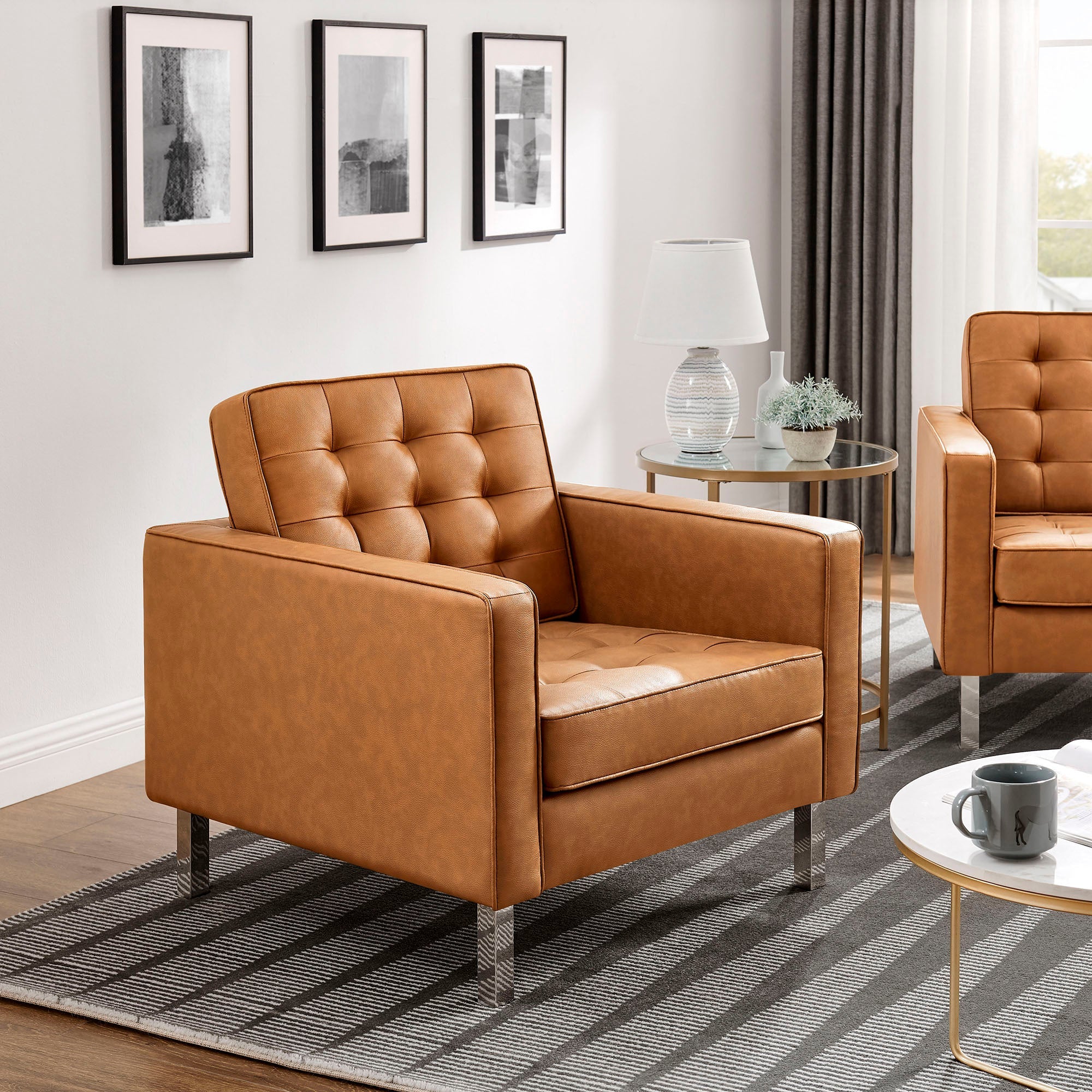 31 Inch Loft Mid-Century Modern Vegan Leather Armchairs with Biscuit Tufting - Set of 2 - Image 21