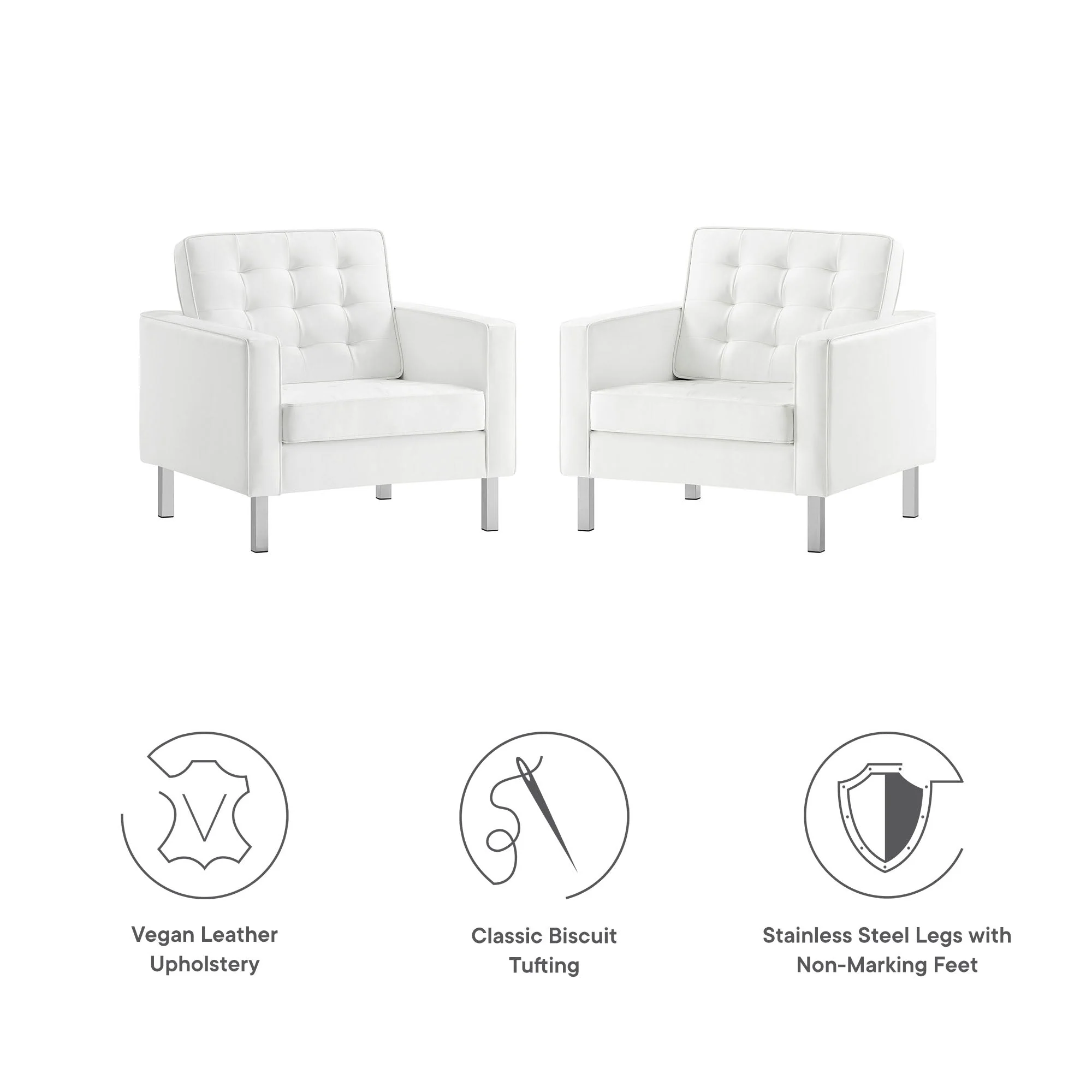 31 Inch Loft Mid-Century Modern Vegan Leather Armchairs with Biscuit Tufting - Set of 2 - Image 23
