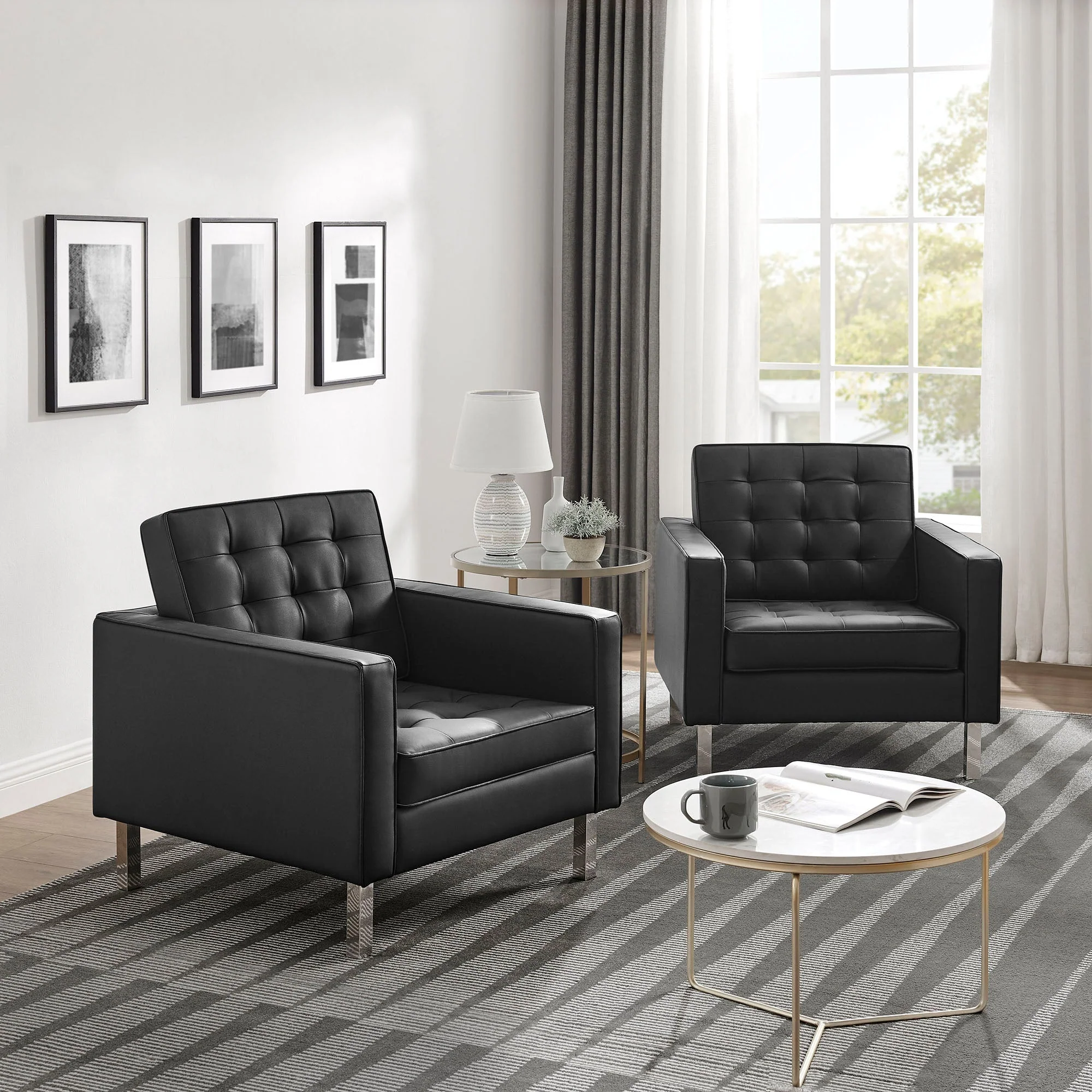 31 Inch Loft Mid-Century Modern Vegan Leather Armchairs with Biscuit Tufting - Set of 2 - Image 7
