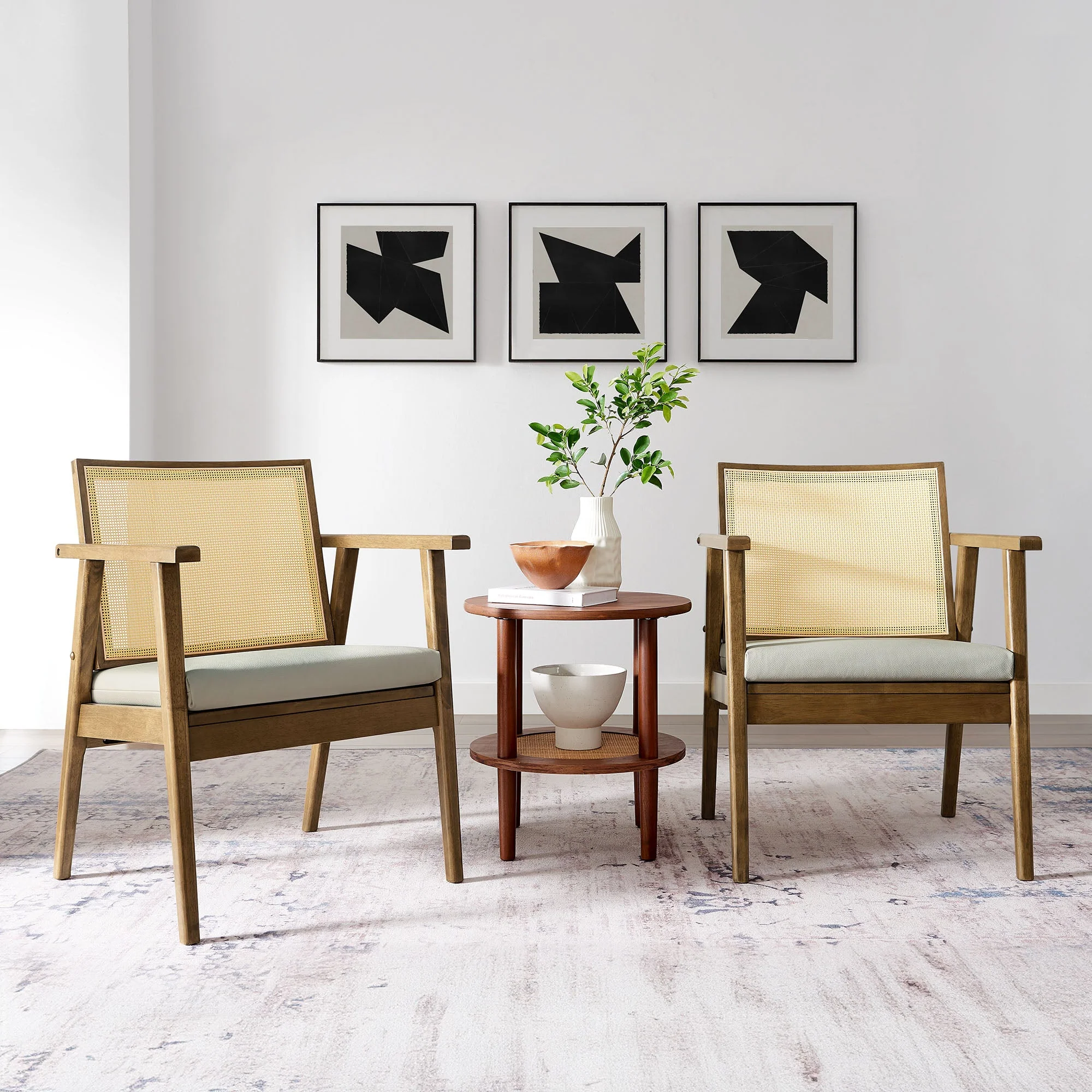 31 Inch Mid-Century Modern Vegan Leather and Cane Accent Armchair - Set of 2 - Image 14