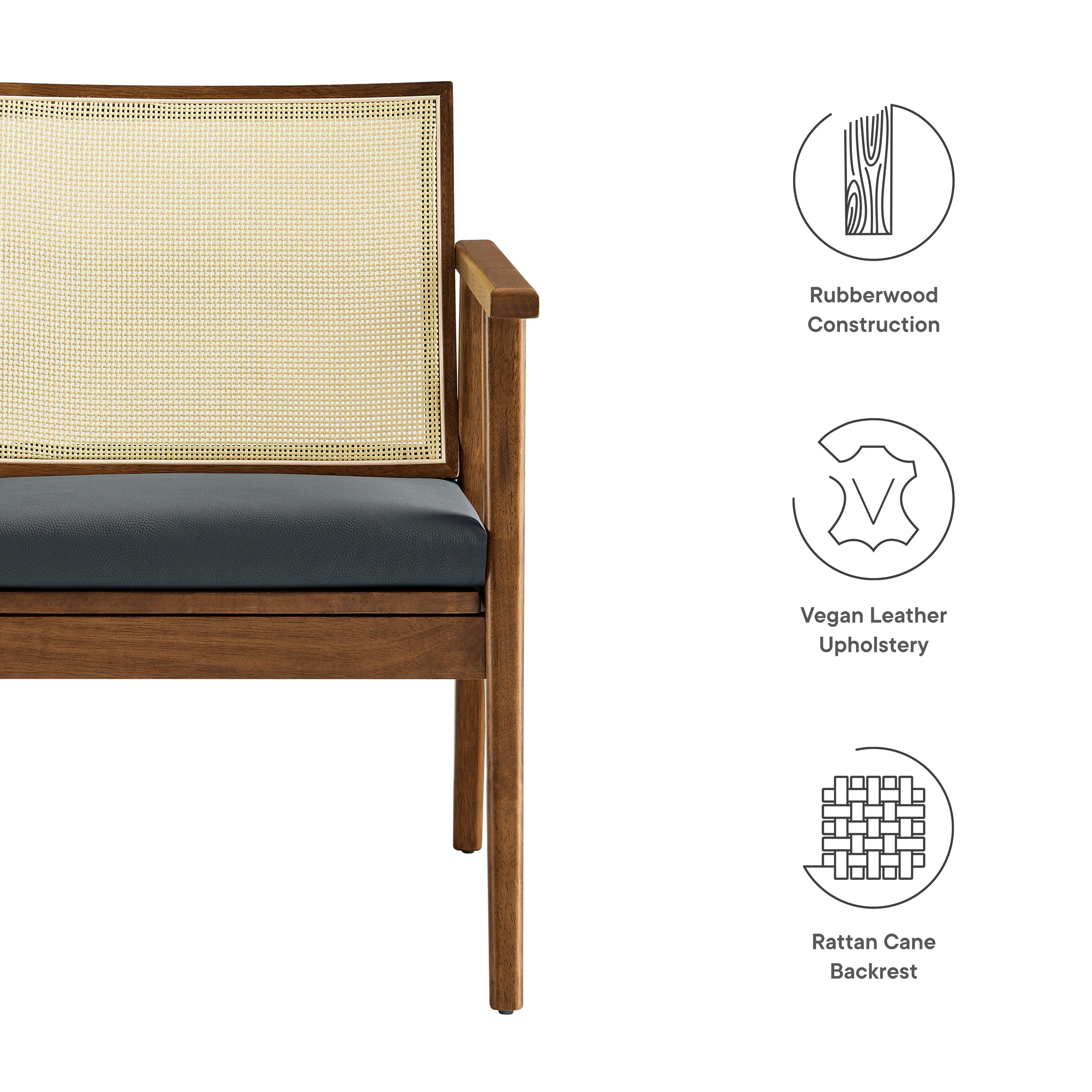 31 Inch Mid-Century Modern Vegan Leather and Cane Accent Armchair - Set of 2 - Image 2
