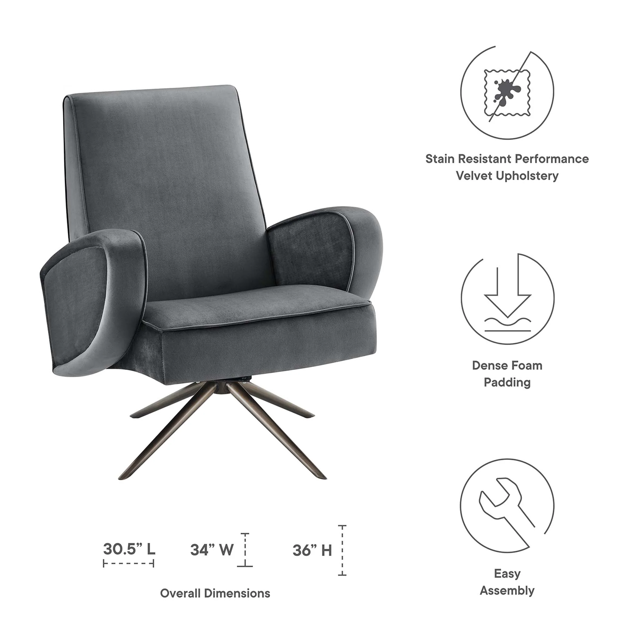 31 Inch Performance Velvet Swivel Chair with Stainless Steel Base - Image 2