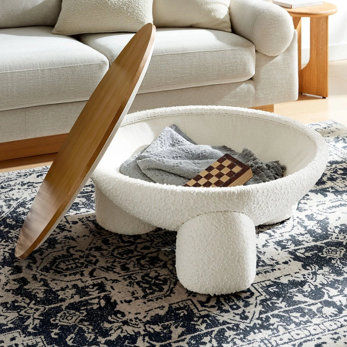 31 Inch Round Boucle Upholstered Storage Coffee Table in Natural Ivory - Image 4