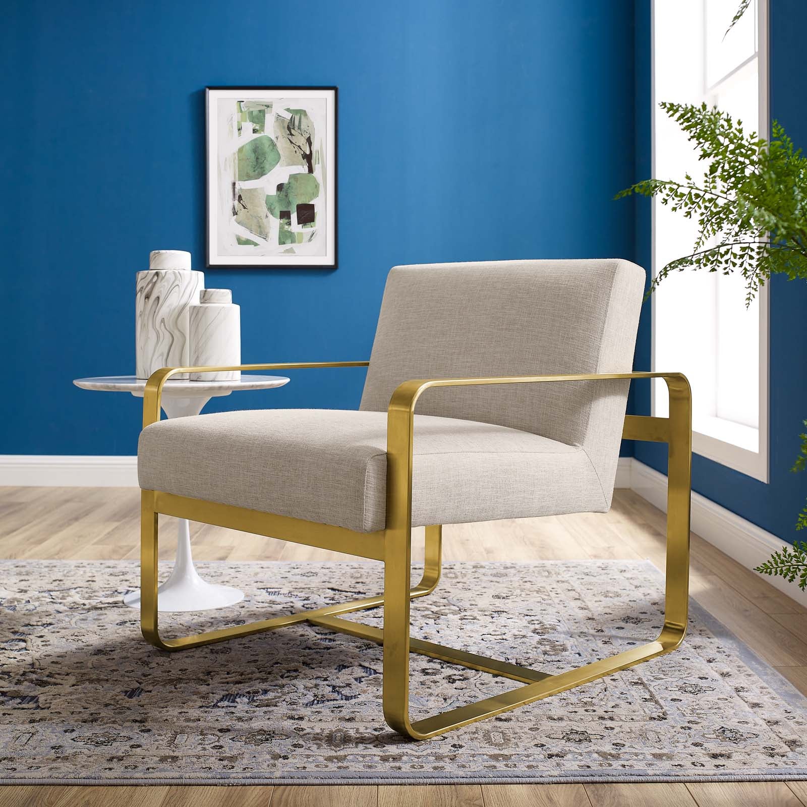 31 Inch Upholstered Fabric Armchair with Gold Stainless Steel Frame - Image 4