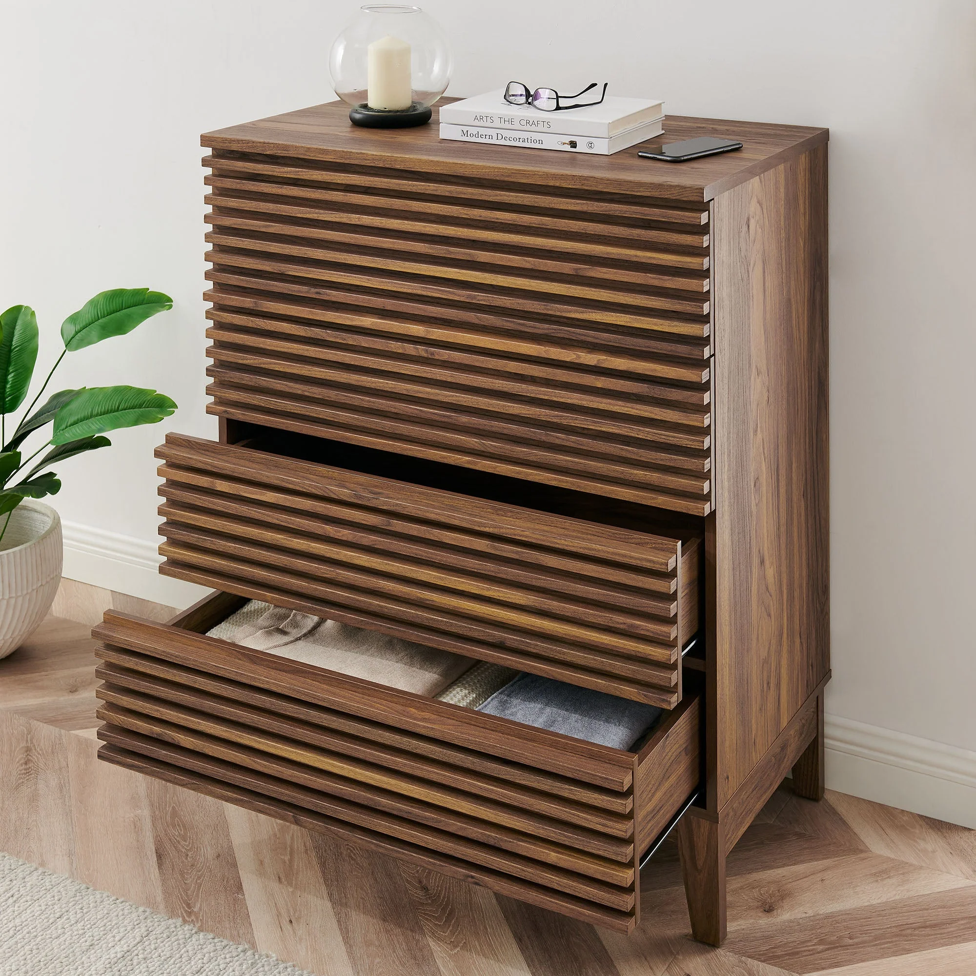 31" Walnut Slatted 4-Drawer Mid-Century Chest - Image 4