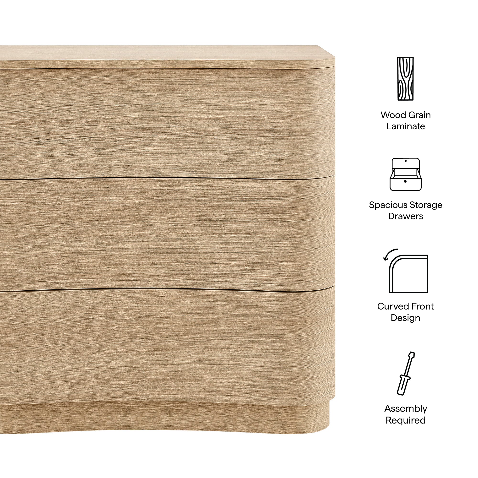 32" Brushed Light Oak Curved 3-Drawer Compact Dresser - Image 2