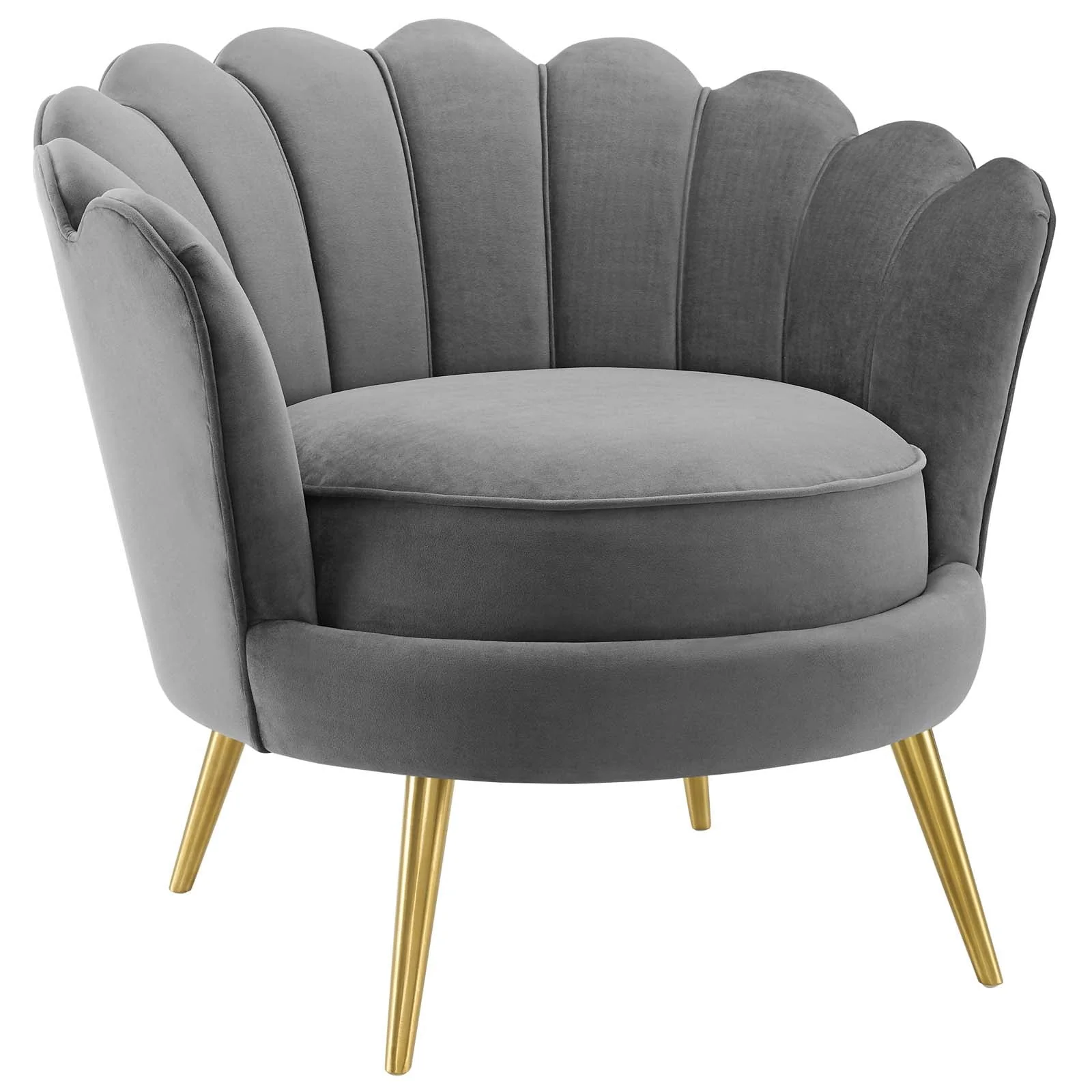32 Inch Admire Scalloped Seashell Performance Velvet Accent Armchair in Gray with Gold Legs