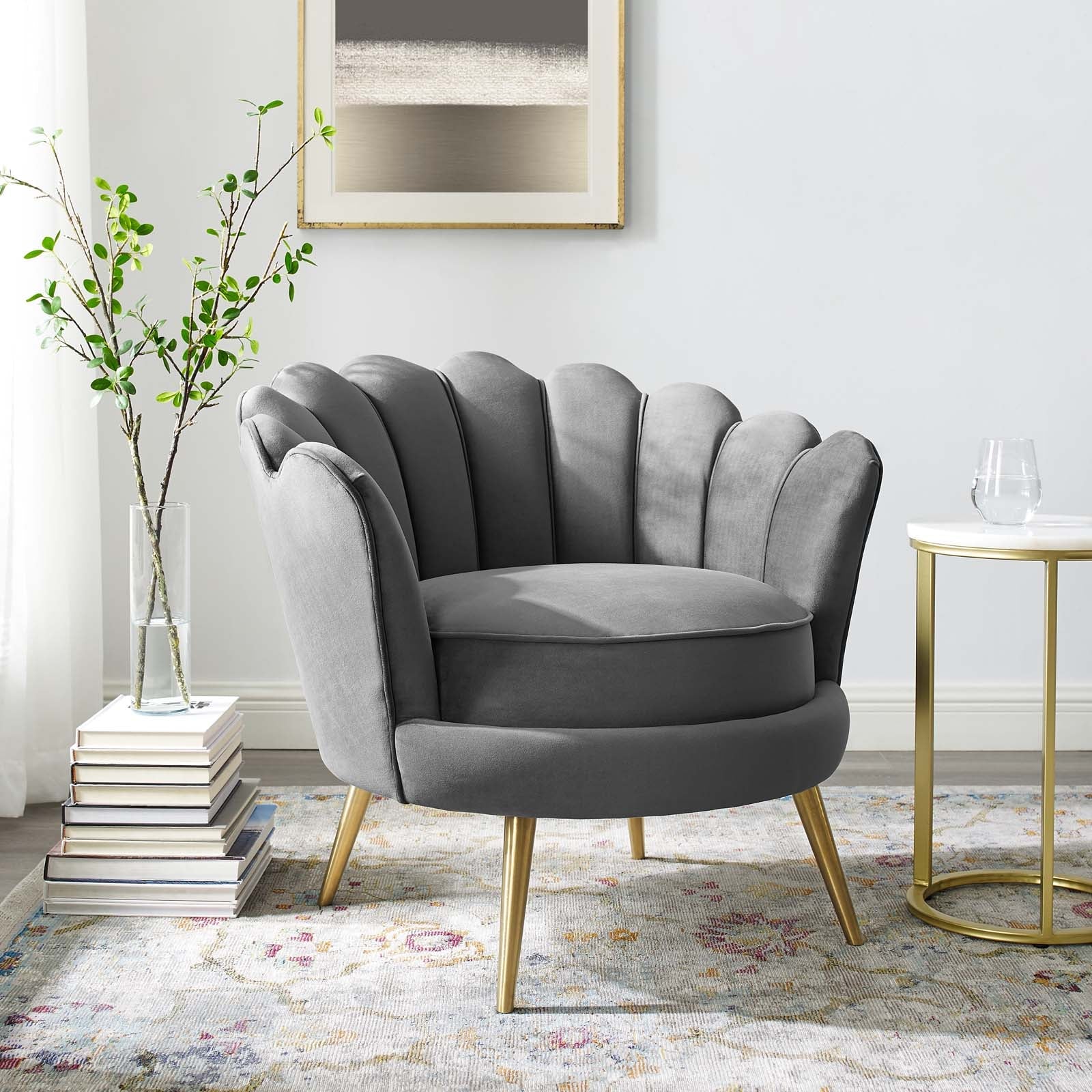 32 Inch Admire Scalloped Seashell Performance Velvet Accent Armchair in Gray with Gold Legs - Image 6