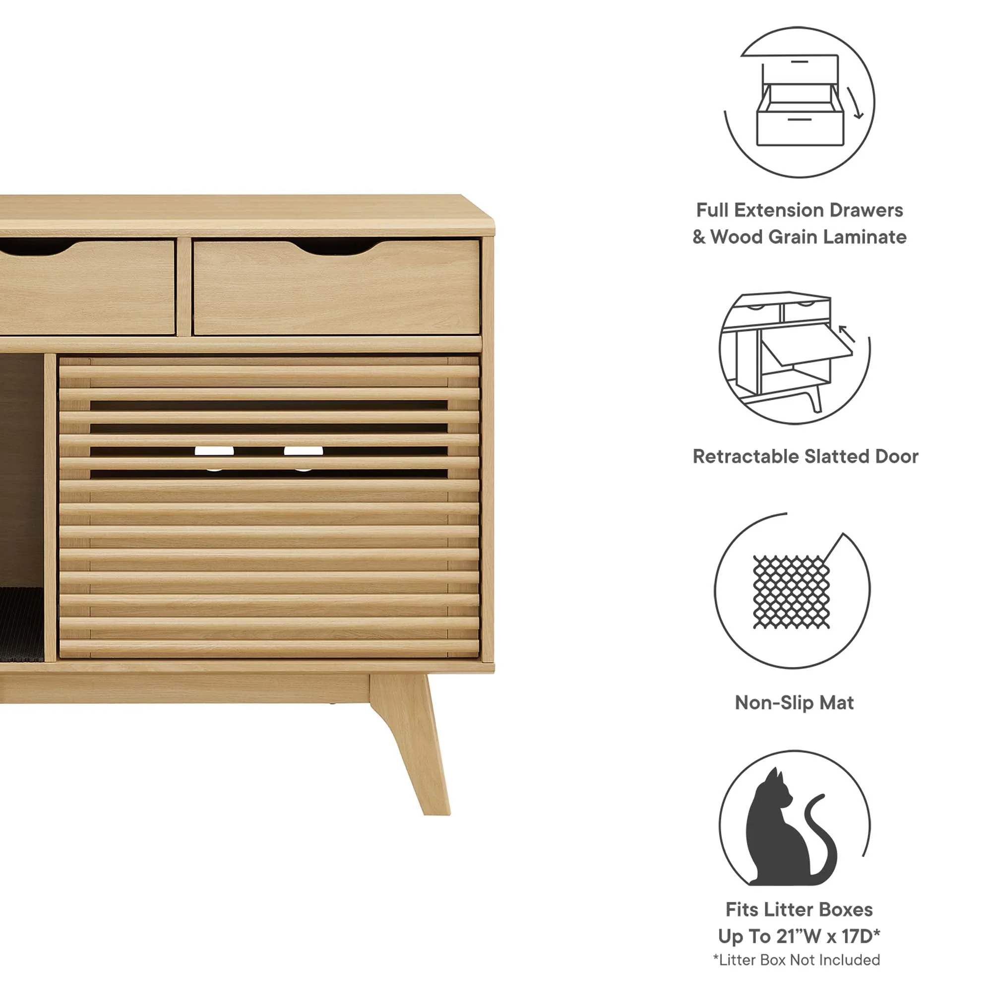 32 Inch Mid-Century Modern Cat Litter Box Cabinet with Sliding Slatted Door and Drawers - Image 12
