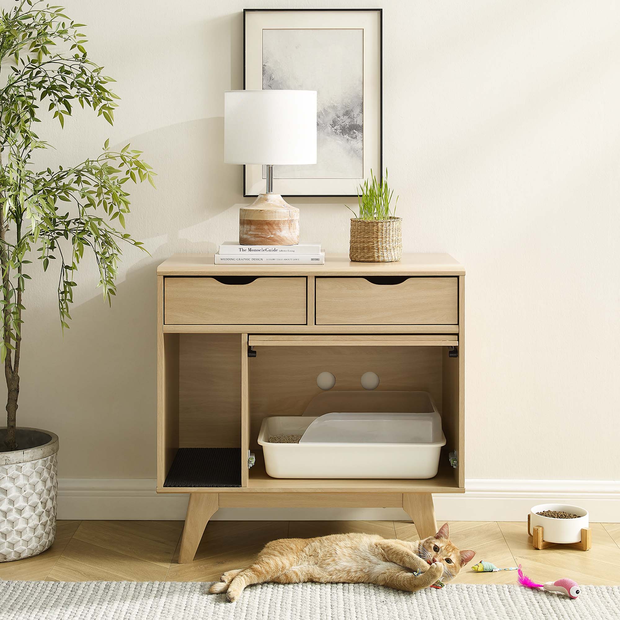 32 Inch Mid-Century Modern Cat Litter Box Cabinet with Sliding Slatted Door and Drawers - Image 15