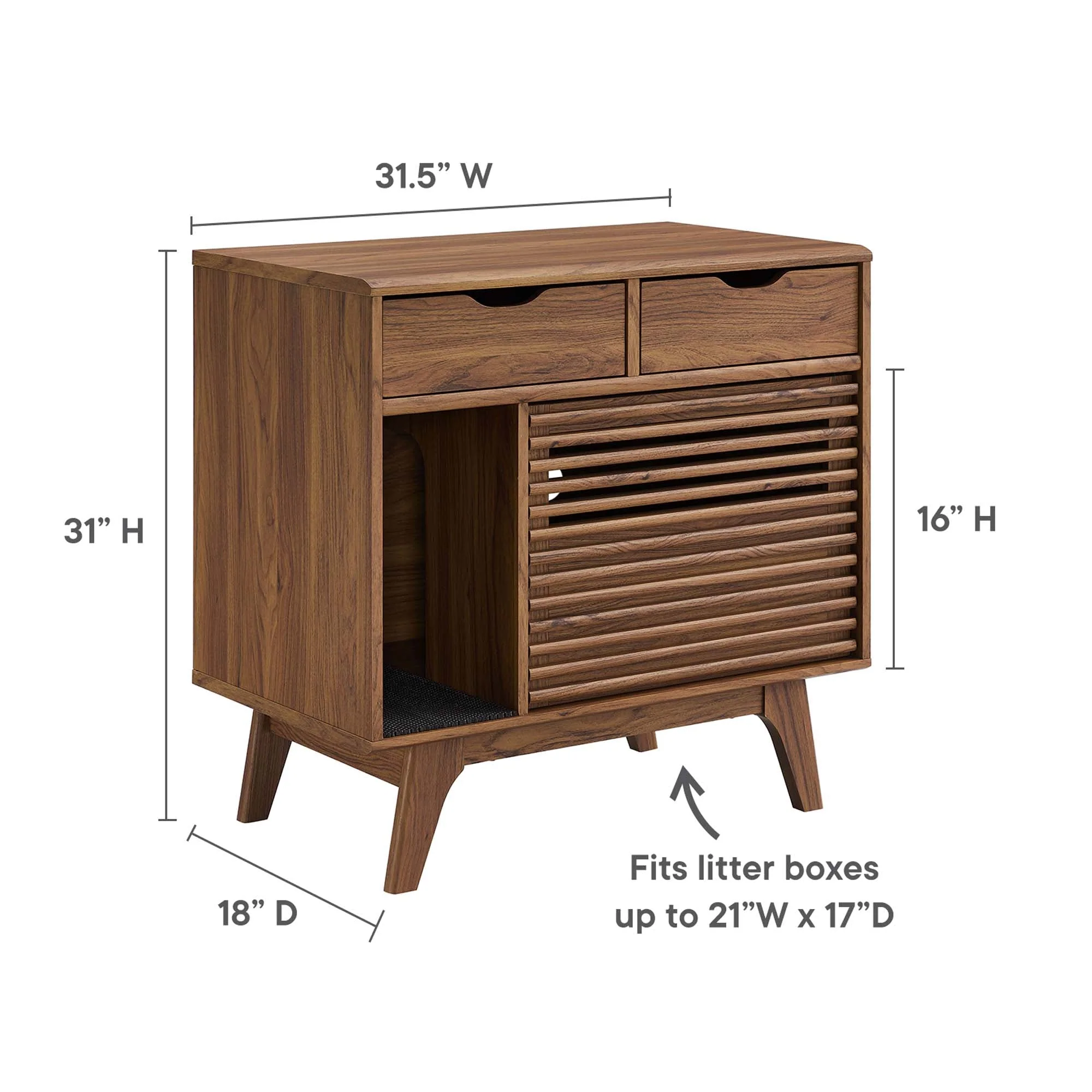 32 Inch Mid-Century Modern Cat Litter Box Cabinet with Sliding Slatted Door and Drawers - Image 3