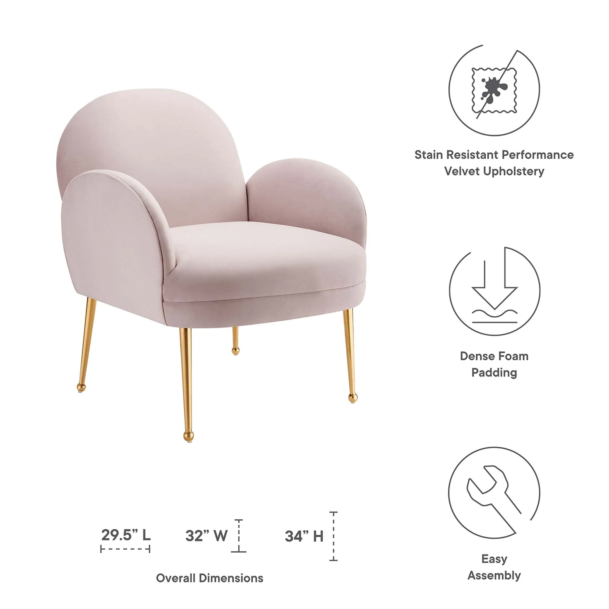 32 Inch Performance Velvet Armchair with Gold Stainless Steel Legs - Image 20