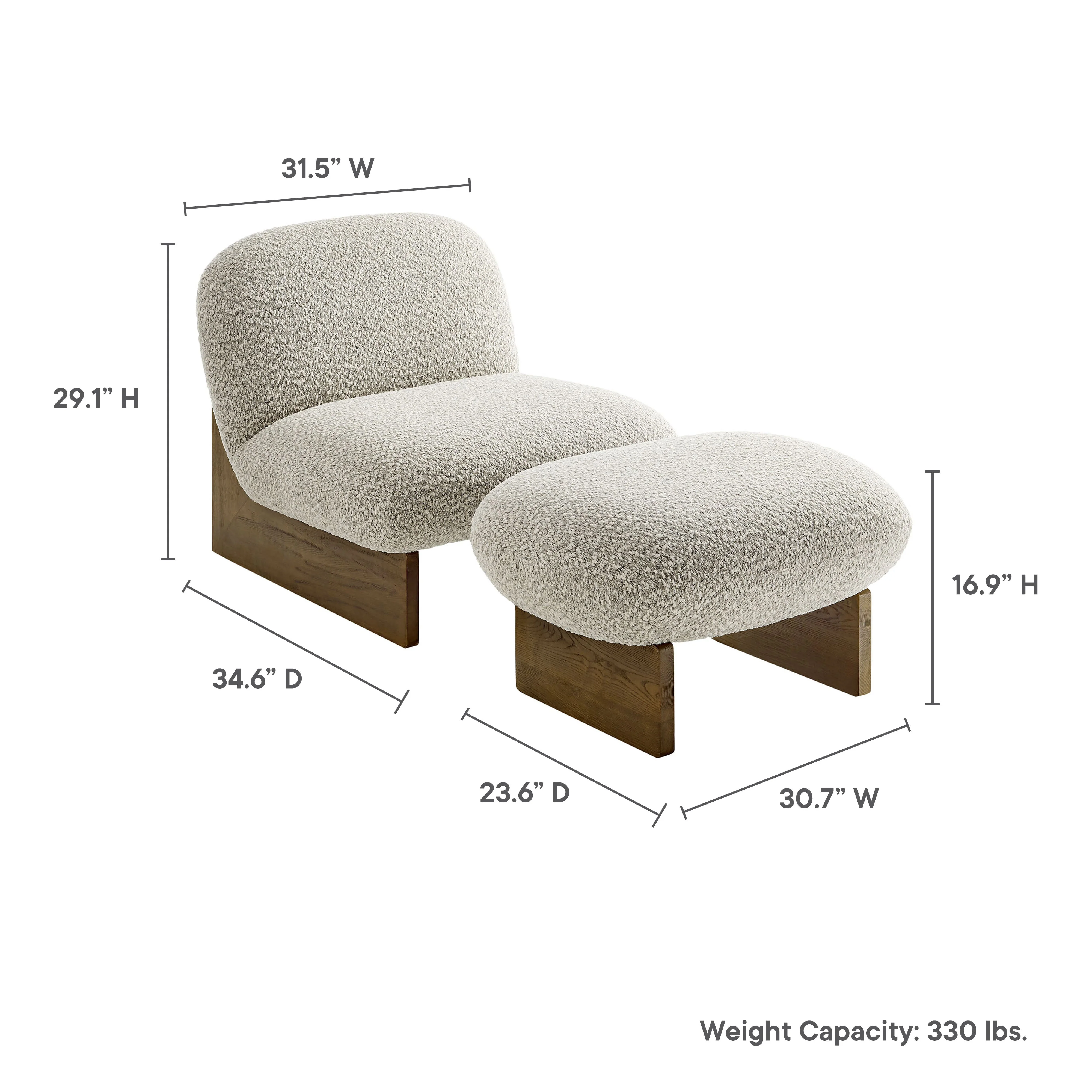 32 Inch Rounded Boucle Fabric Accent Chair and Ottoman Set - Image 12