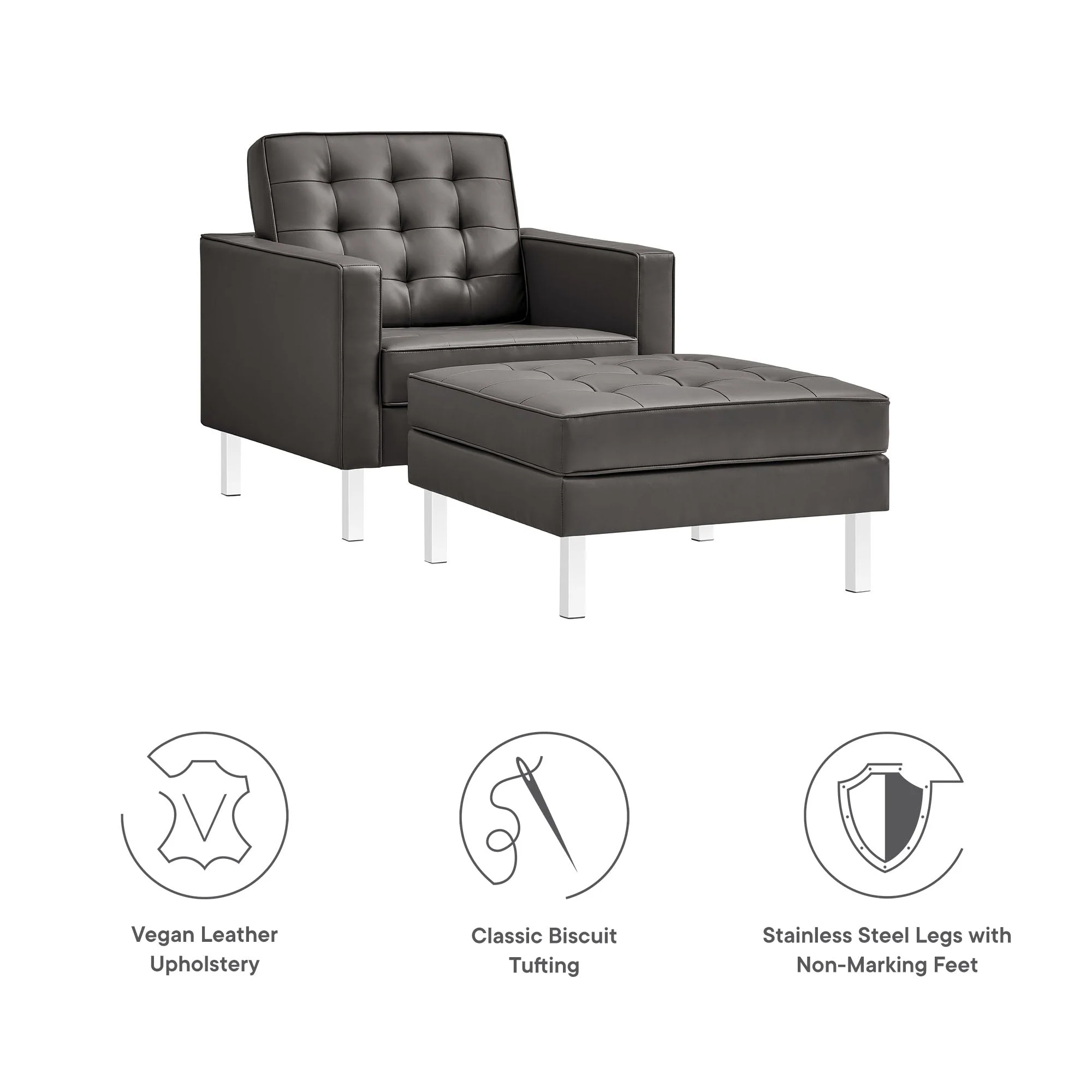 32 Inch Tufted Vegan Leather Armchair and Ottoman Set with Stainless Steel Legs - Image 2