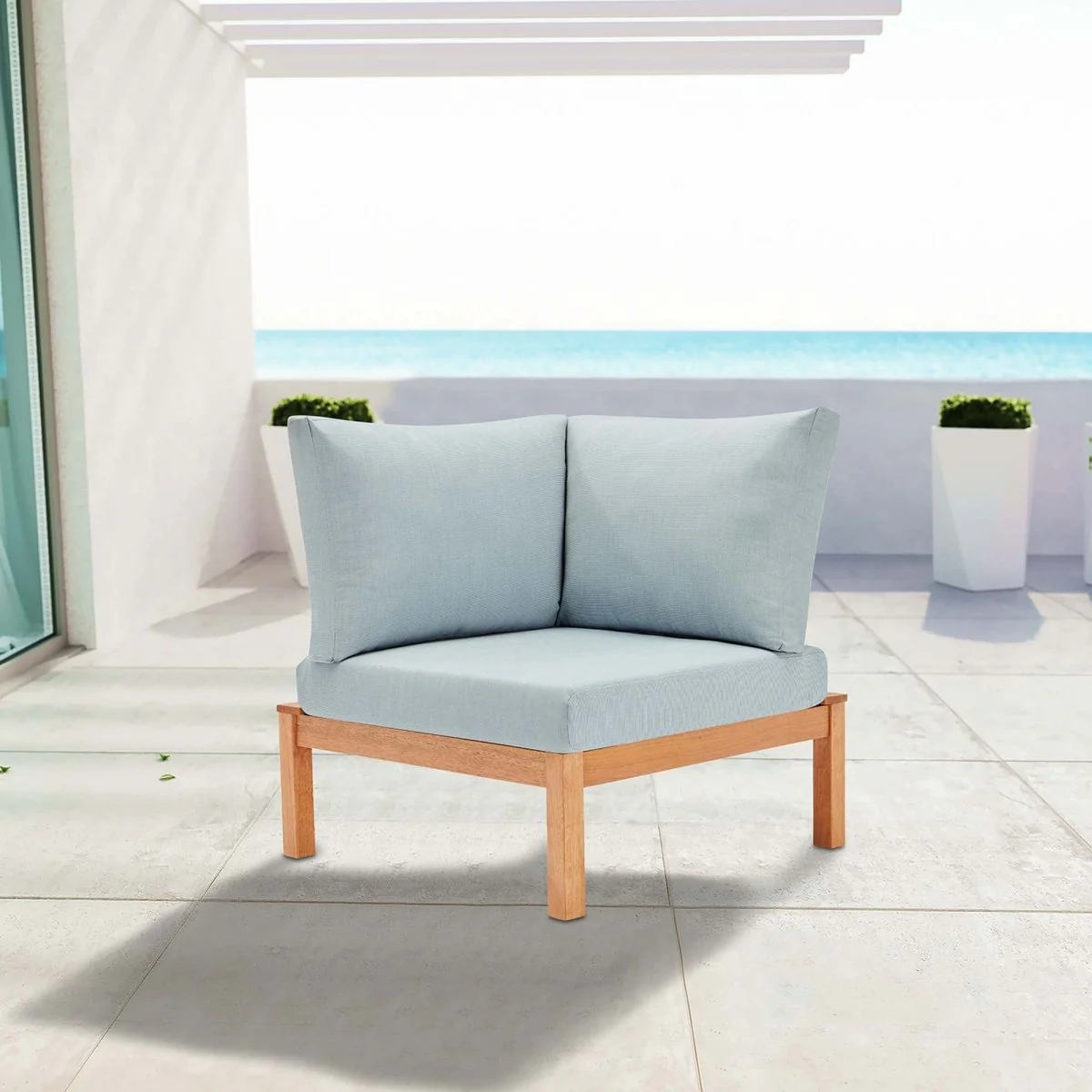 32" Light Blue Cushions Natural Karri Wood Outdoor Corner Chair - Image 9