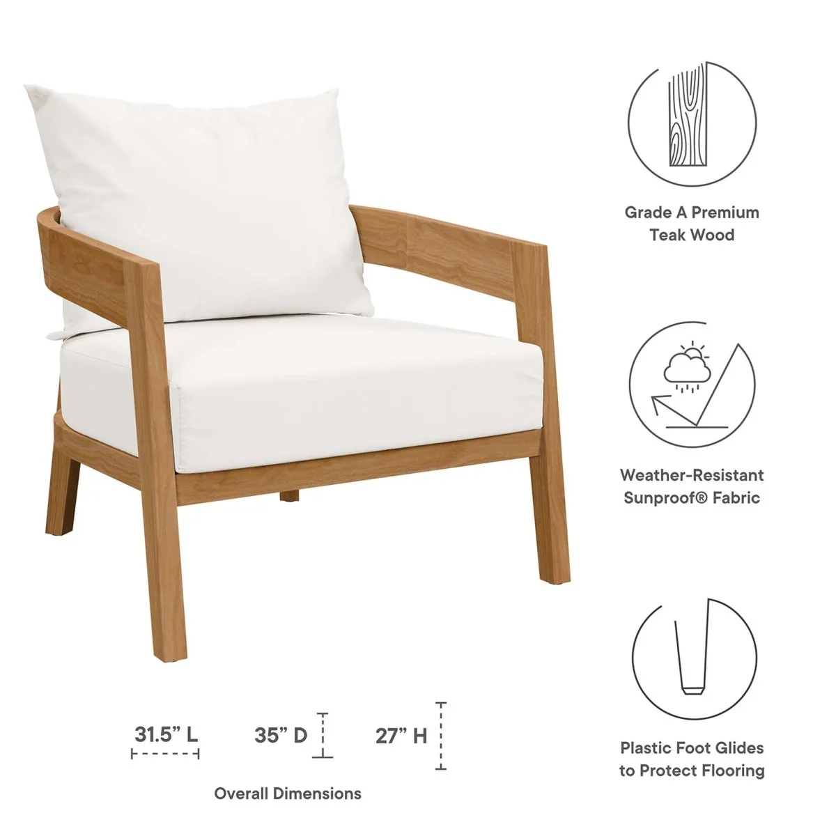 32" Natural Teak Outdoor Patio Armchair — Classic Weather-Resistant Seating - Image 2