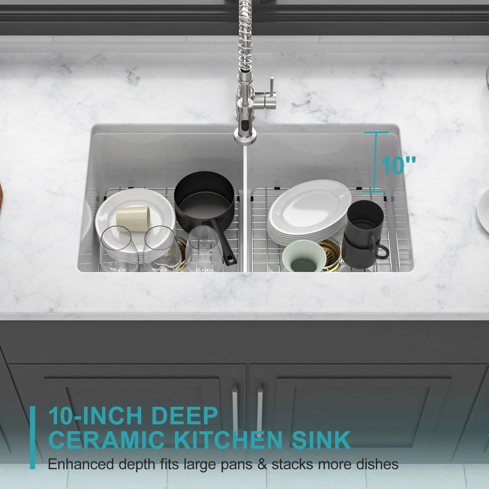 32" Undermount Double Bowl Kitchen Sink Rectangular Deep Dual Bas With Grids - White - Image 5