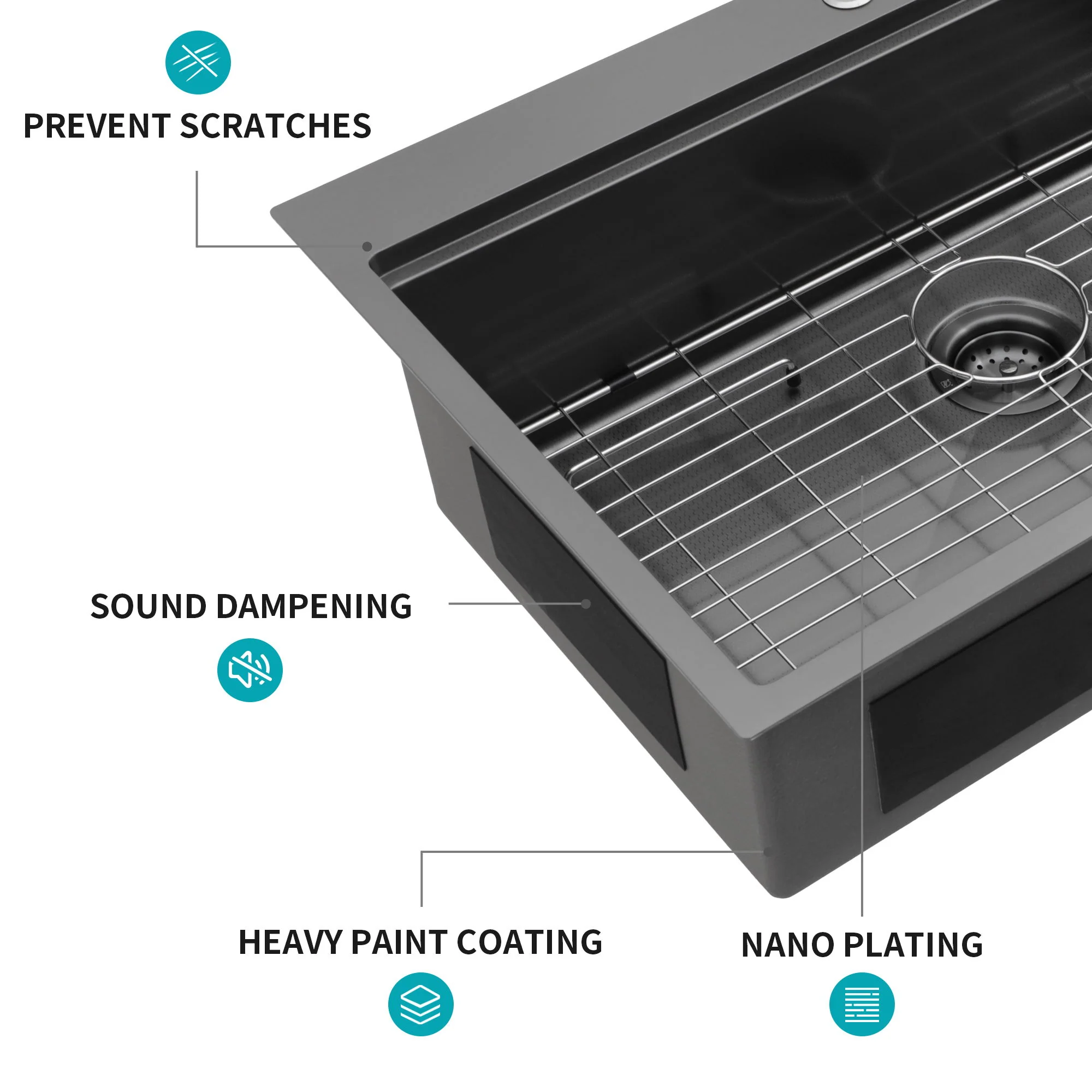 33" Drop In Kitchen Sink With Ledge Workstation, 16 Gauge Stainless Steel - Gunmetal Black - Image 2