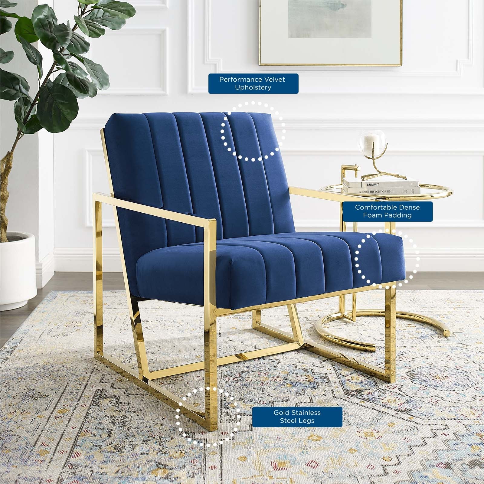33 Inch Channel Tufted Performance Velvet Armchair with Gold Stainless Steel Frame - Image 11