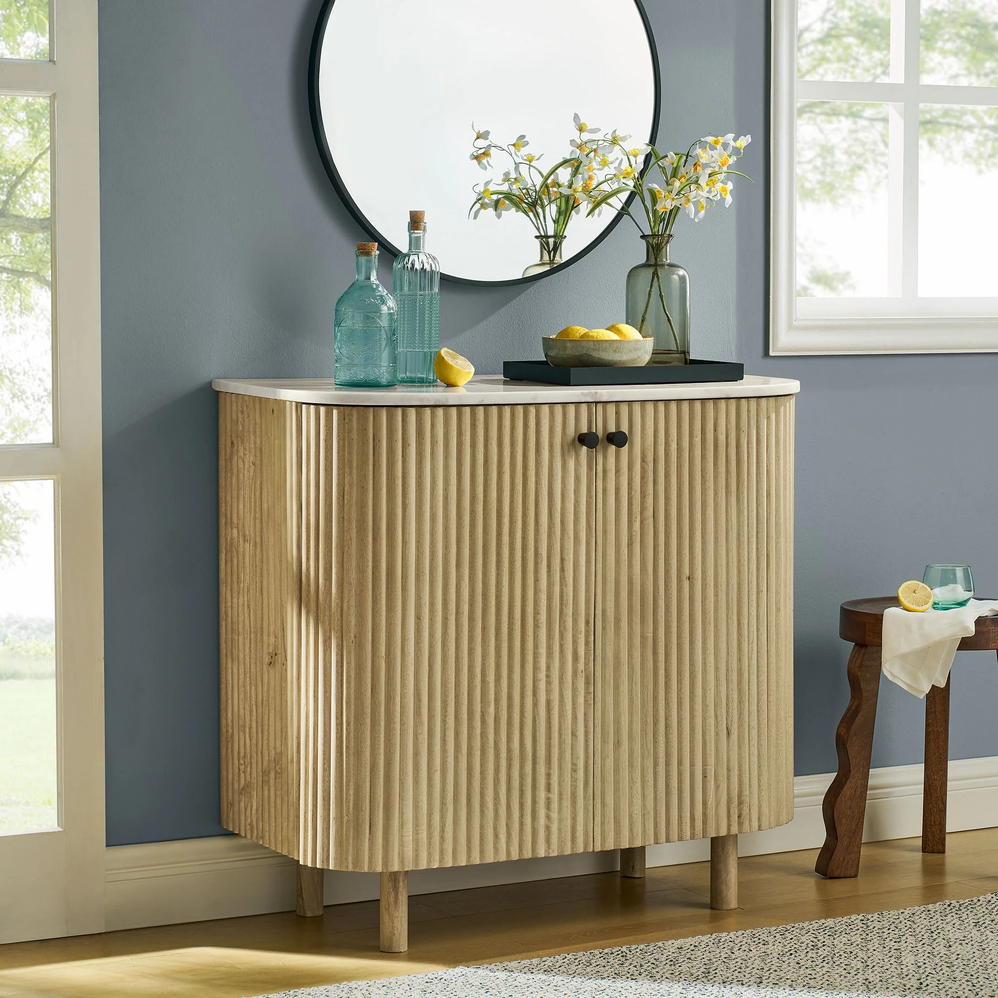 33 Inch Curved Solid Mango Wood Accent Storage Cabinet with Genuine Marble Top - Image 9
