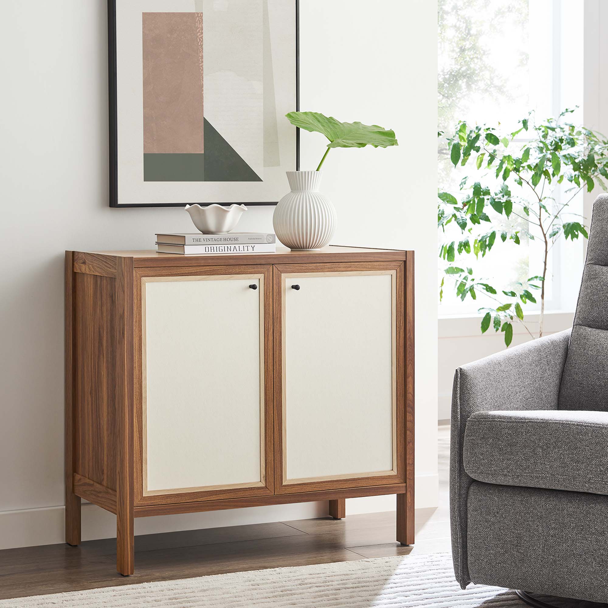 33 Inch Wood Grain Storage Cabinet with Linen-Textured Doors and Soft-Close Hinges in Walnut - Image 8