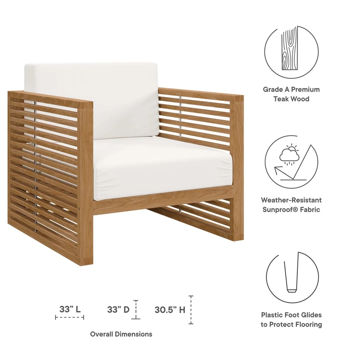 33" Natural Teak Outdoor Patio Armchair with Cushions for Garden, Deck and Poolside - Image 2