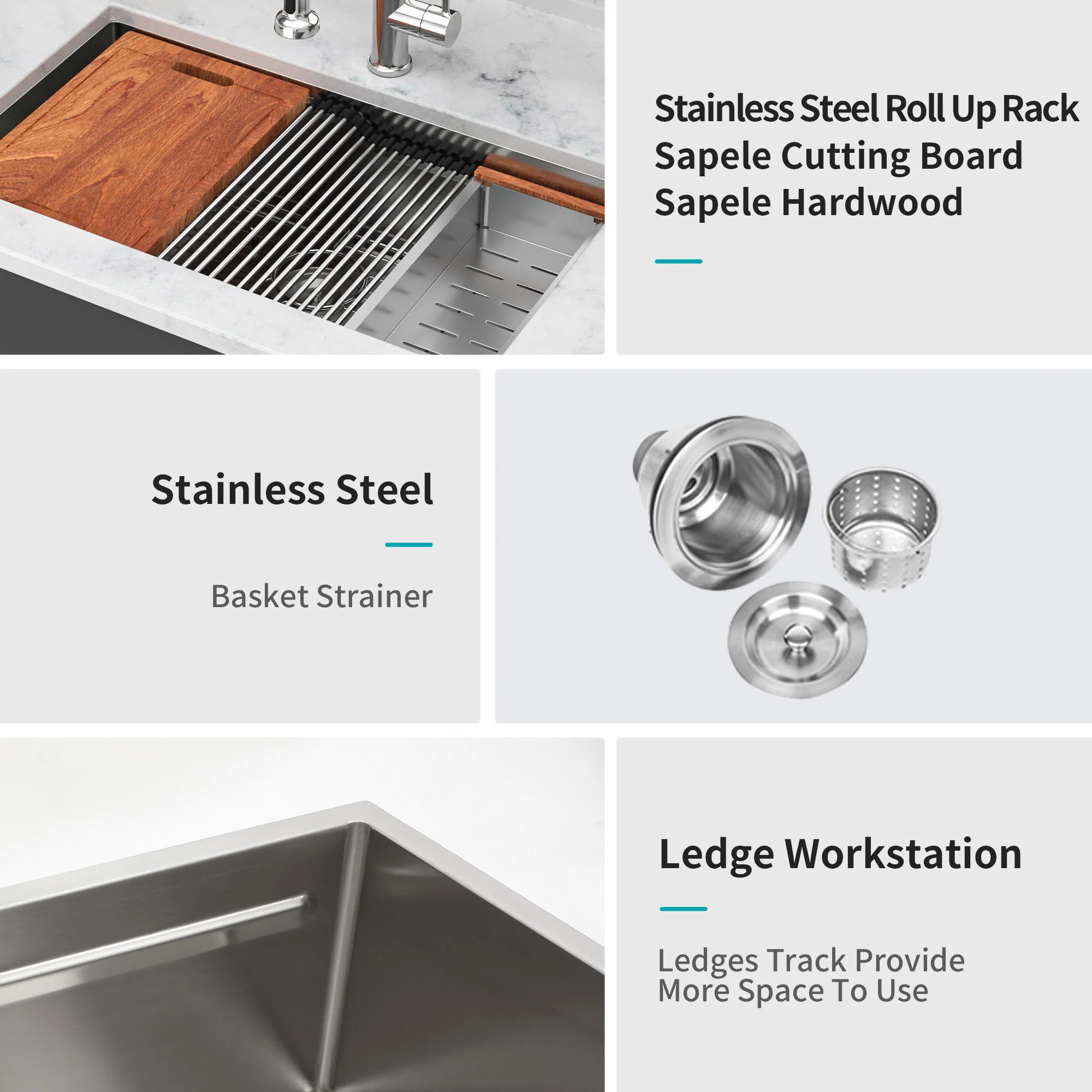 33" Undermount Kitchen Sink Single Bowl Ledge Workstation In 16 Gauge Stainless Steel - White - Image 2