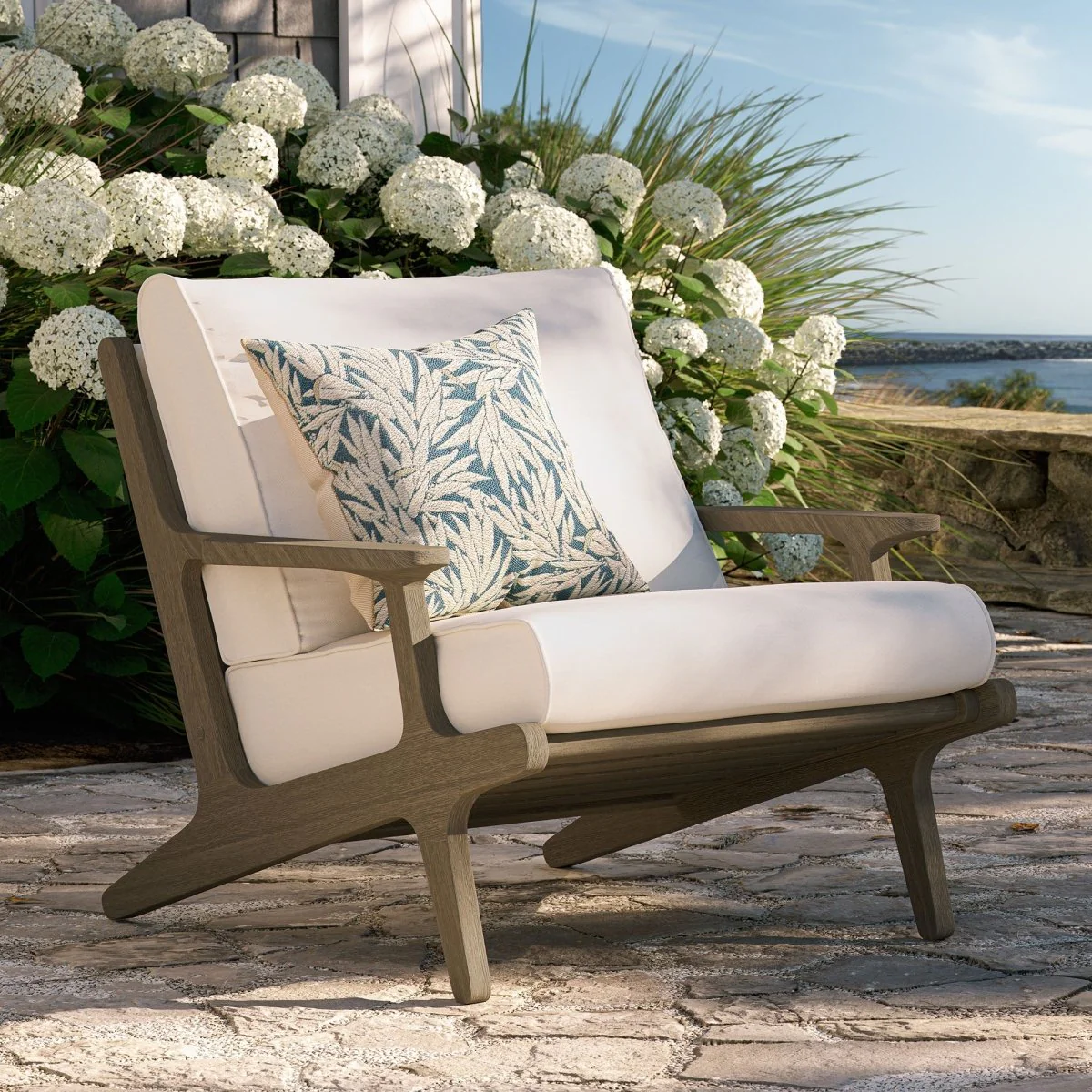 33" Weathered Gray Teak Outdoor Patio Armchair – White Cushions - Image 10
