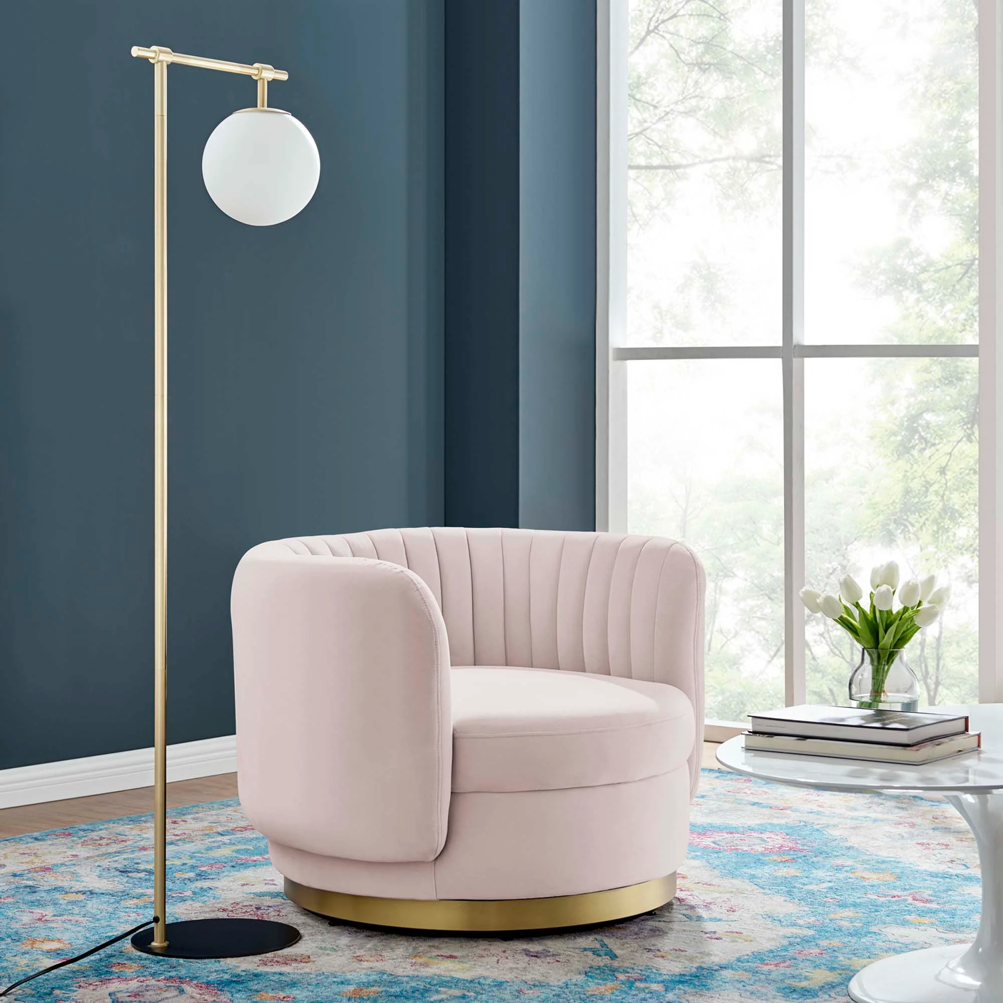 34 Inch Channel Tufted Performance Velvet Swivel Chair with Gold Base - Image 12