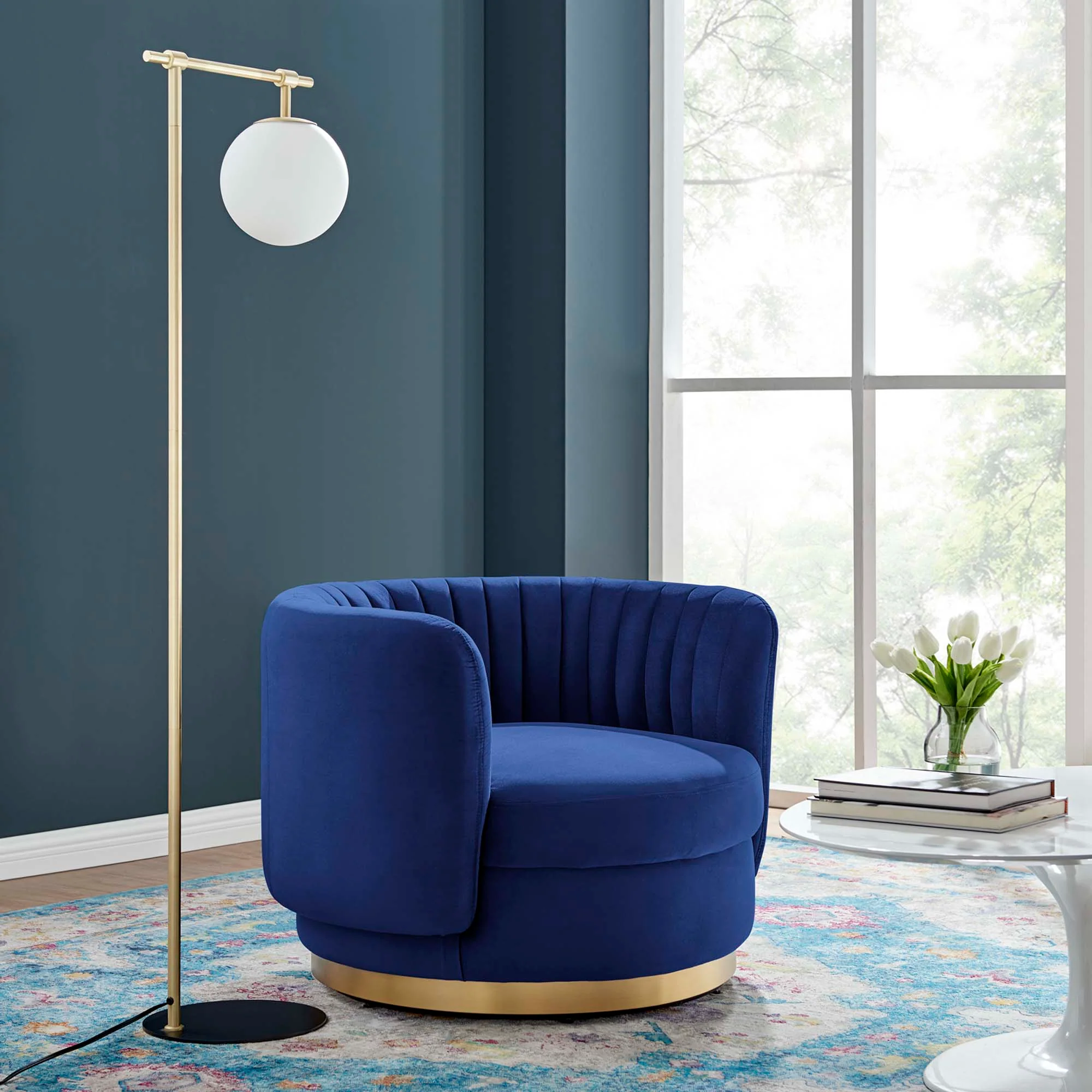 34 Inch Channel Tufted Performance Velvet Swivel Chair with Gold Base - Image 6