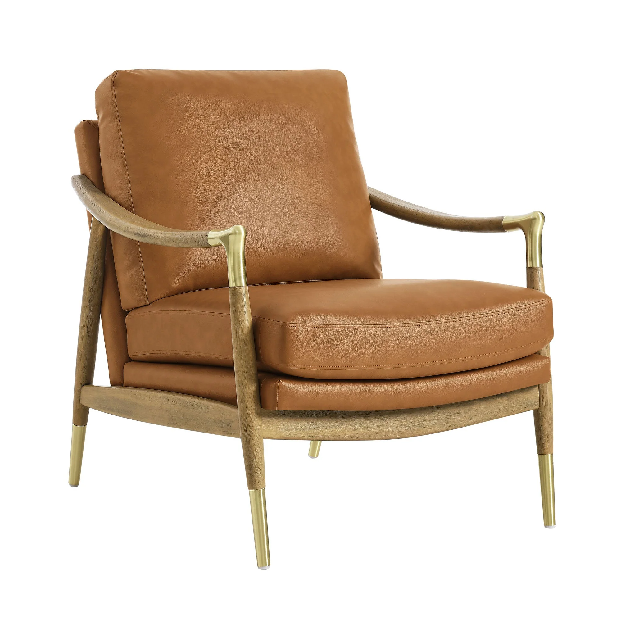34 Inch Mid-Century Modern Vegan Leather Accent Armchair with Brass Accents and Wood Frame